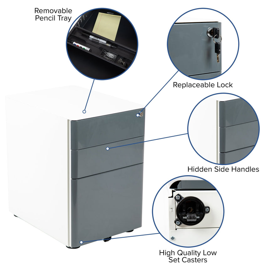 Warner Modern 3-Drawer Mobile Locking Filing Cabinet with Anti-Tilt Mechanism & Letter/Legal Drawer, with Charcoal Faceplate - SchoolOutlet