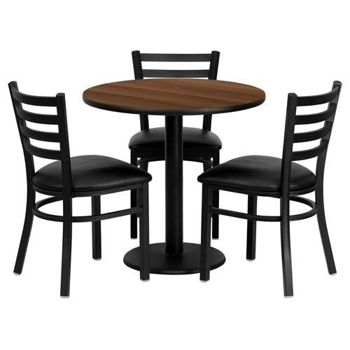 Flash Furniture 30'' Round Walnut Laminate Table Set with 3 Ladder Back Metal Chairs - Black Vinyl Seat(FLA-MD-0002-GG) - SchoolOutlet
