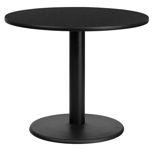 Flash Furniture 36'' Round Black Laminate Table Set with 4 Wood Slat Back Metal Chairs - Black Vinyl Seat (FLA-MD-0009-GG) - SchoolOutlet