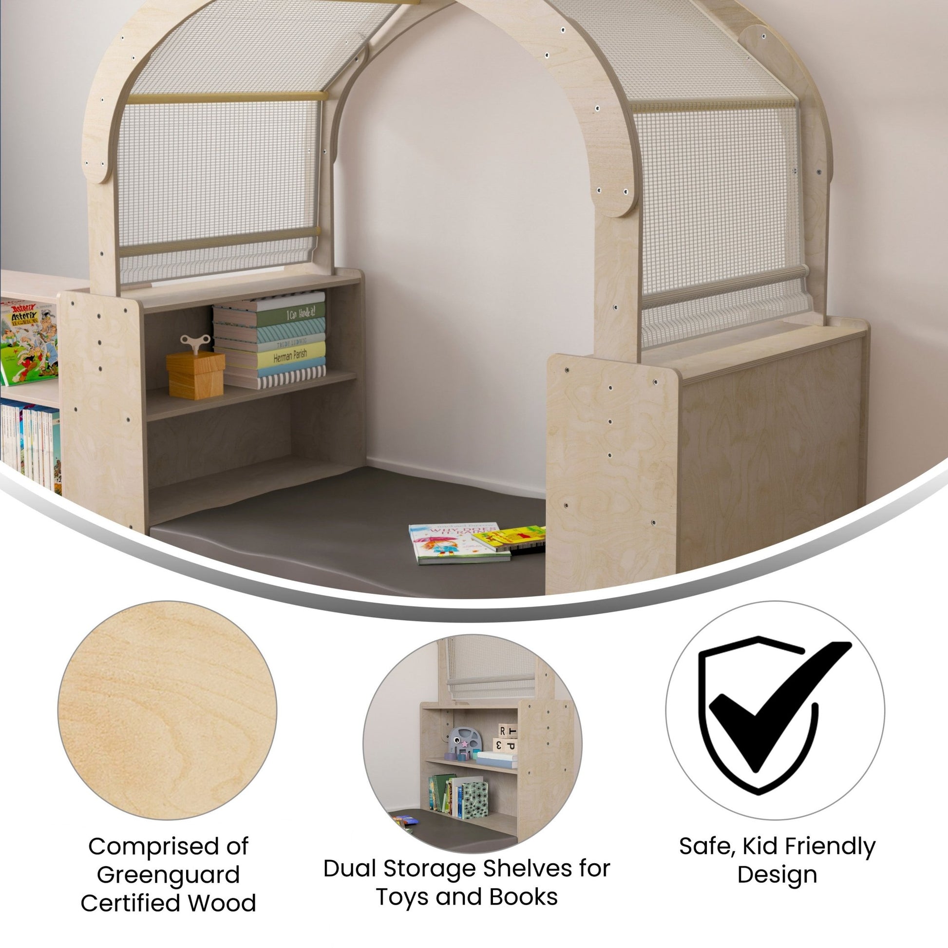 Bright Beginnings Commercial Grade Green Guard Certified Wooden Quiet Corner Reading Nook with Two Storage Shelf Units and Canopy - SchoolOutlet