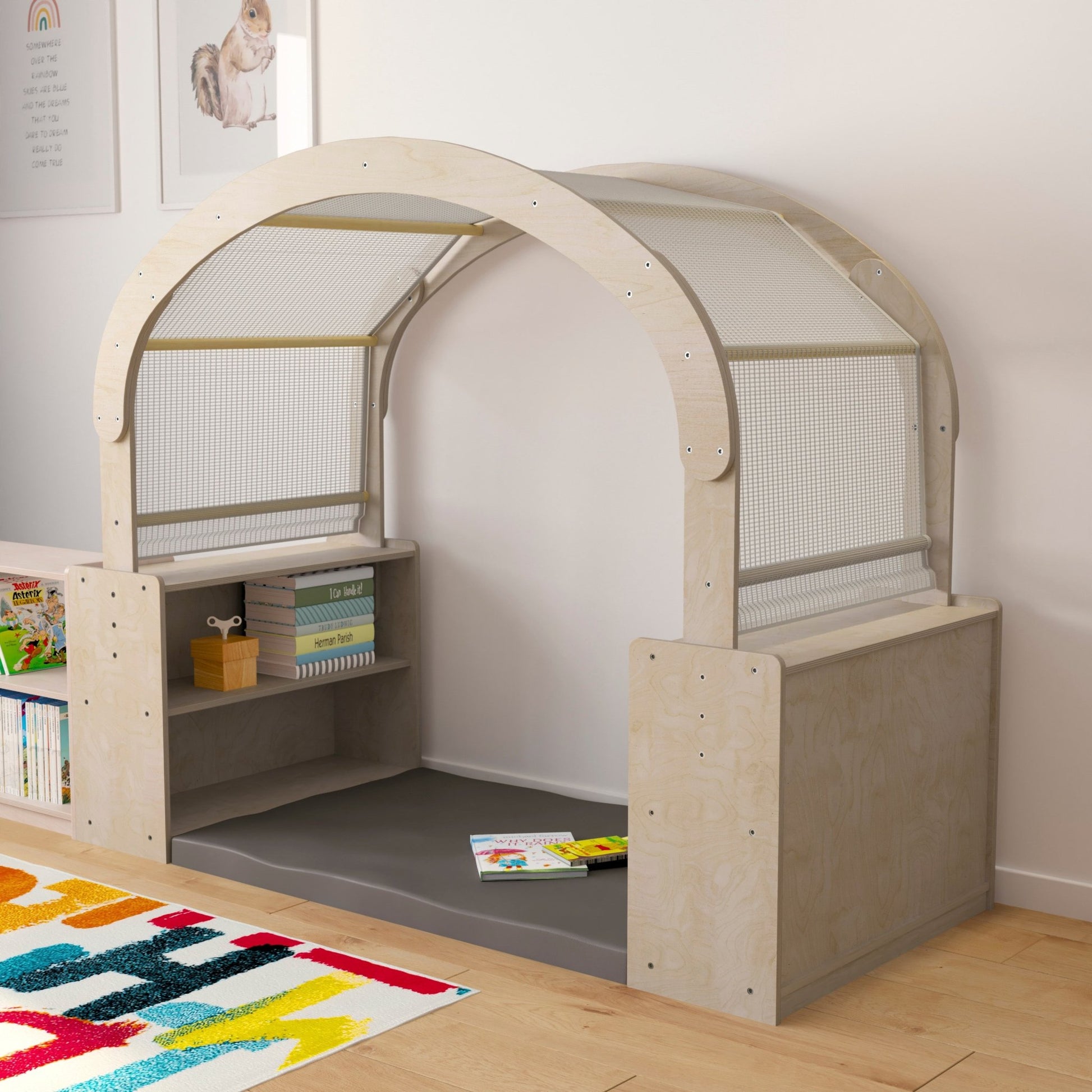 Bright Beginnings Commercial Grade Green Guard Certified Wooden Quiet Corner Reading Nook with Two Storage Shelf Units and Canopy - SchoolOutlet