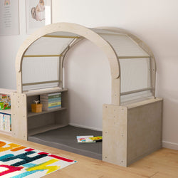 Bright Beginnings Commercial Grade Green Guard Certified Wooden Quiet Corner Reading Nook with Two Storage Shelf Units and Canopy
