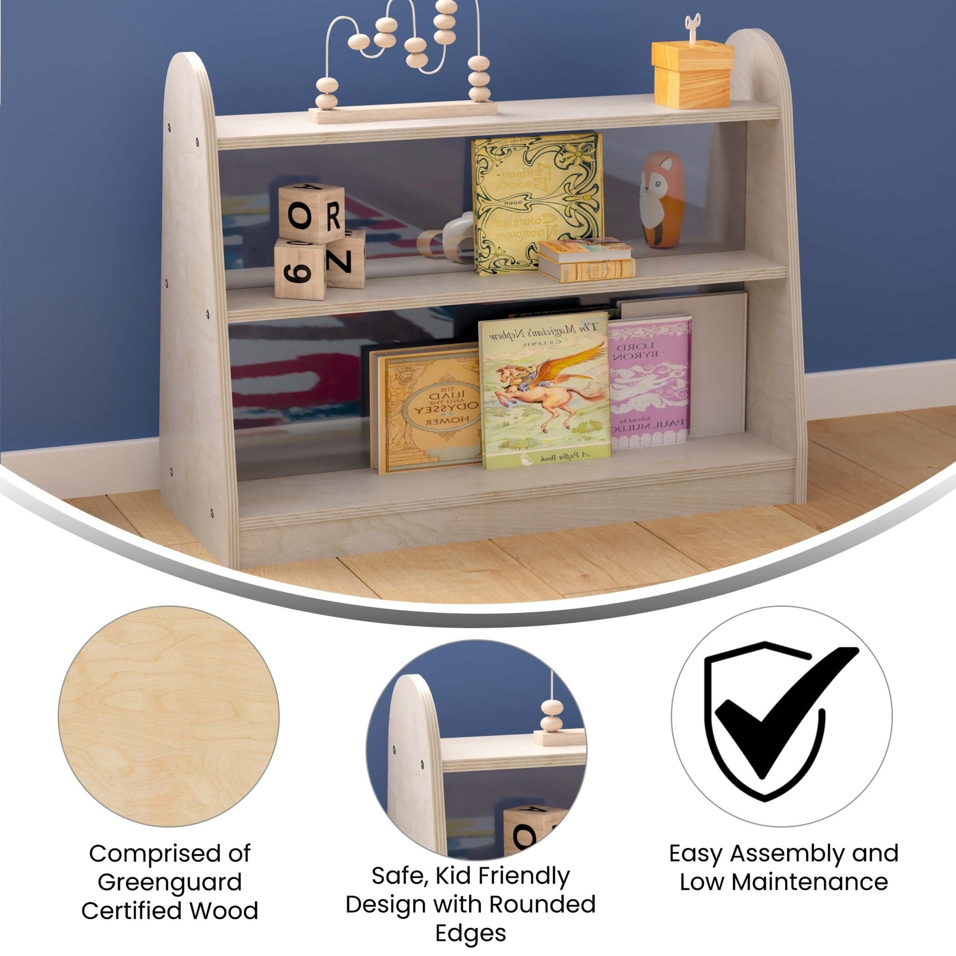 Bright Beginnings Commercial Grade 3 Shelf Double Sided Wooden Classroom Storage Unit with Clear Plastic Divider, Safe, Kid Friendly Design, Natural - SchoolOutlet