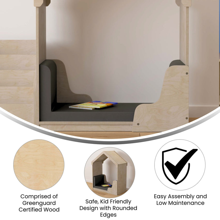 Bright Beginnings Commercial Grade Green Guard Certified Wooden Quiet Corner Reading Nook with Padded Soft Seating - SchoolOutlet