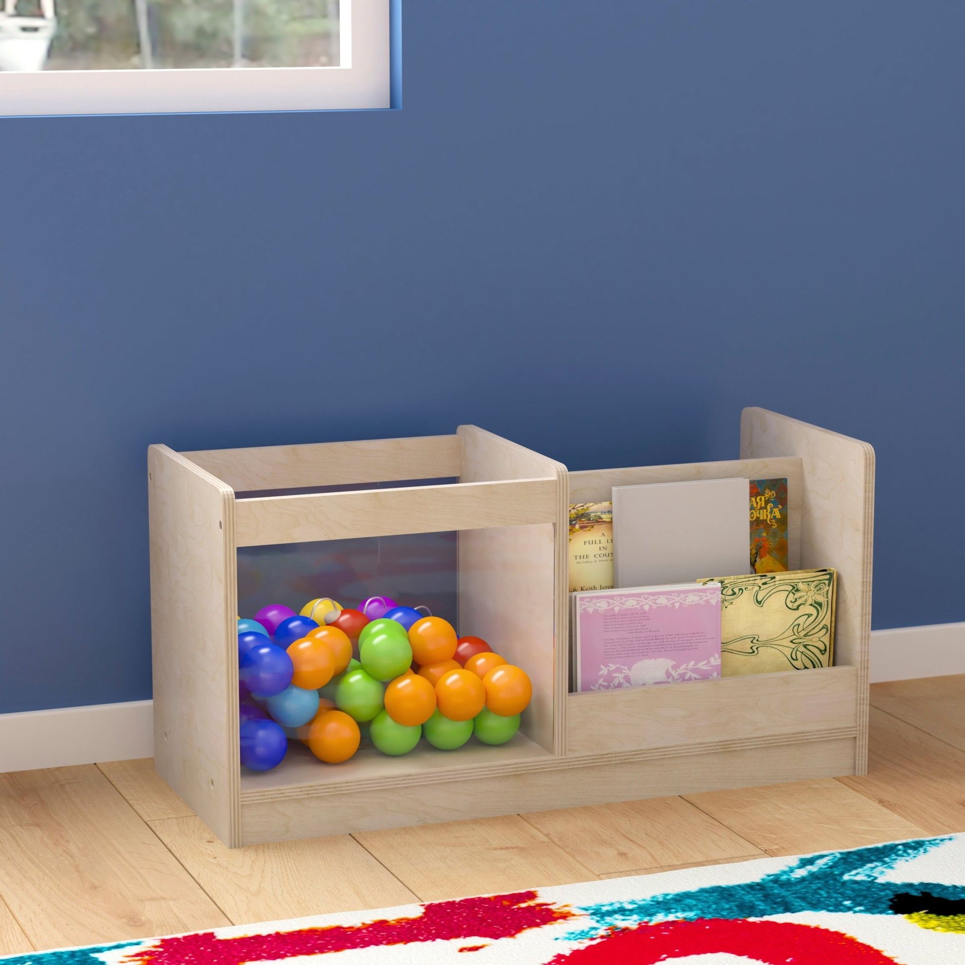Bright Beginnings Commercial Grade Modular Double Sided 2 Tier Wooden Classroom Book Display Shelf with Transparent Storage Bin, Natural - SchoolOutlet