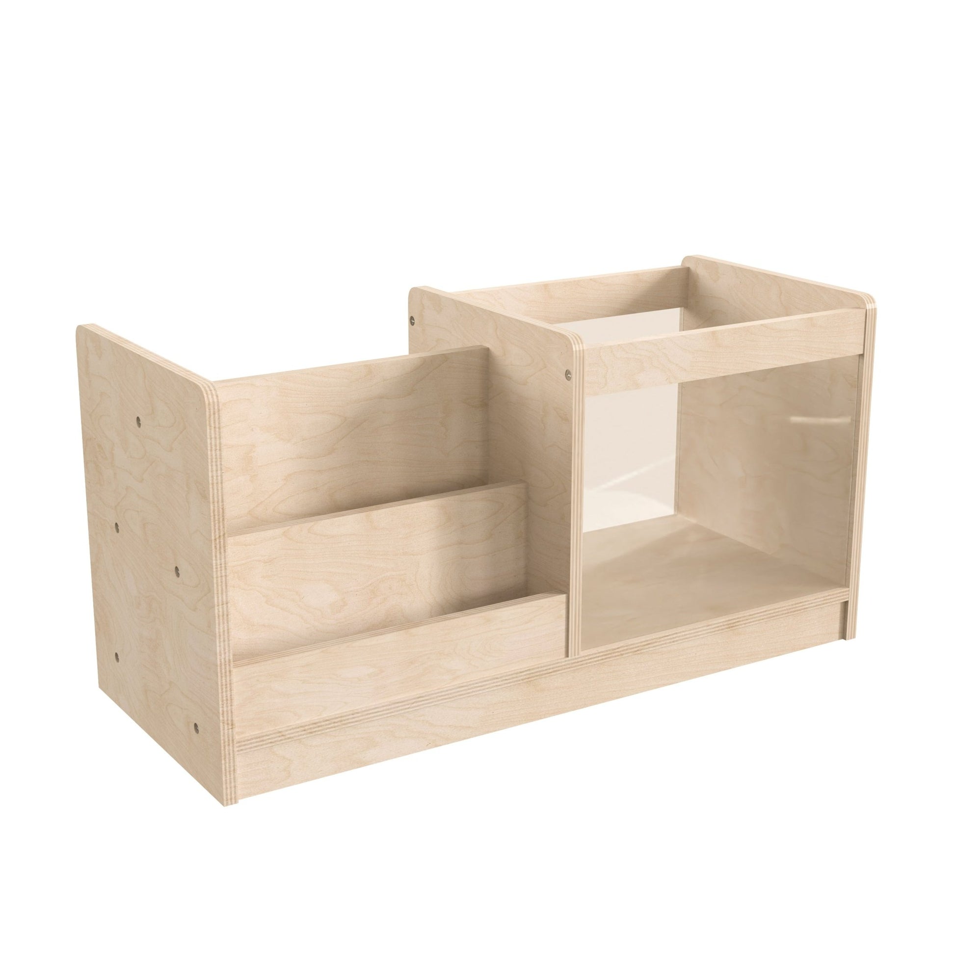 Bright Beginnings Commercial Grade Modular Double Sided 2 Tier Wooden Classroom Book Display Shelf with Transparent Storage Bin, Natural - SchoolOutlet