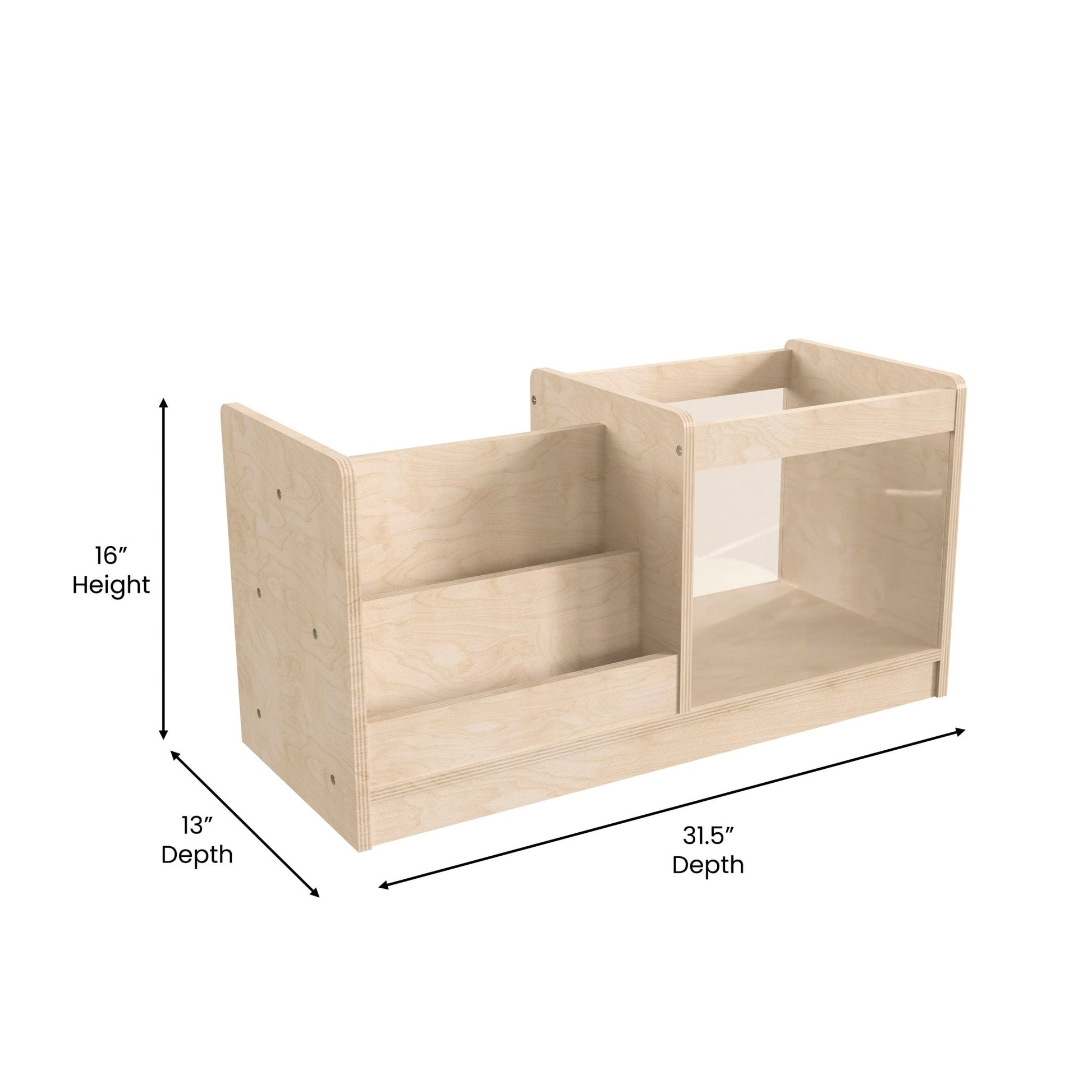 Bright Beginnings Commercial Grade Modular Double Sided 2 Tier Wooden Classroom Book Display Shelf with Transparent Storage Bin, Natural - SchoolOutlet
