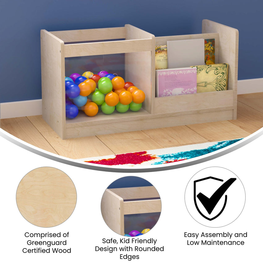 Bright Beginnings Commercial Grade Modular Double Sided 2 Tier Wooden Classroom Book Display Shelf with Transparent Storage Bin, Natural - SchoolOutlet