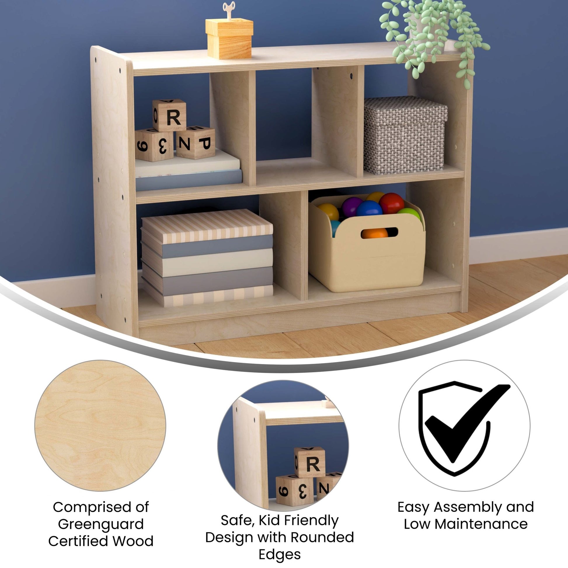 Bright Beginnings Commercial Grade 5 Section Modular Wooden Classroom Open Storage Unit, Safe, Kid Friendly Design, Natural - SchoolOutlet
