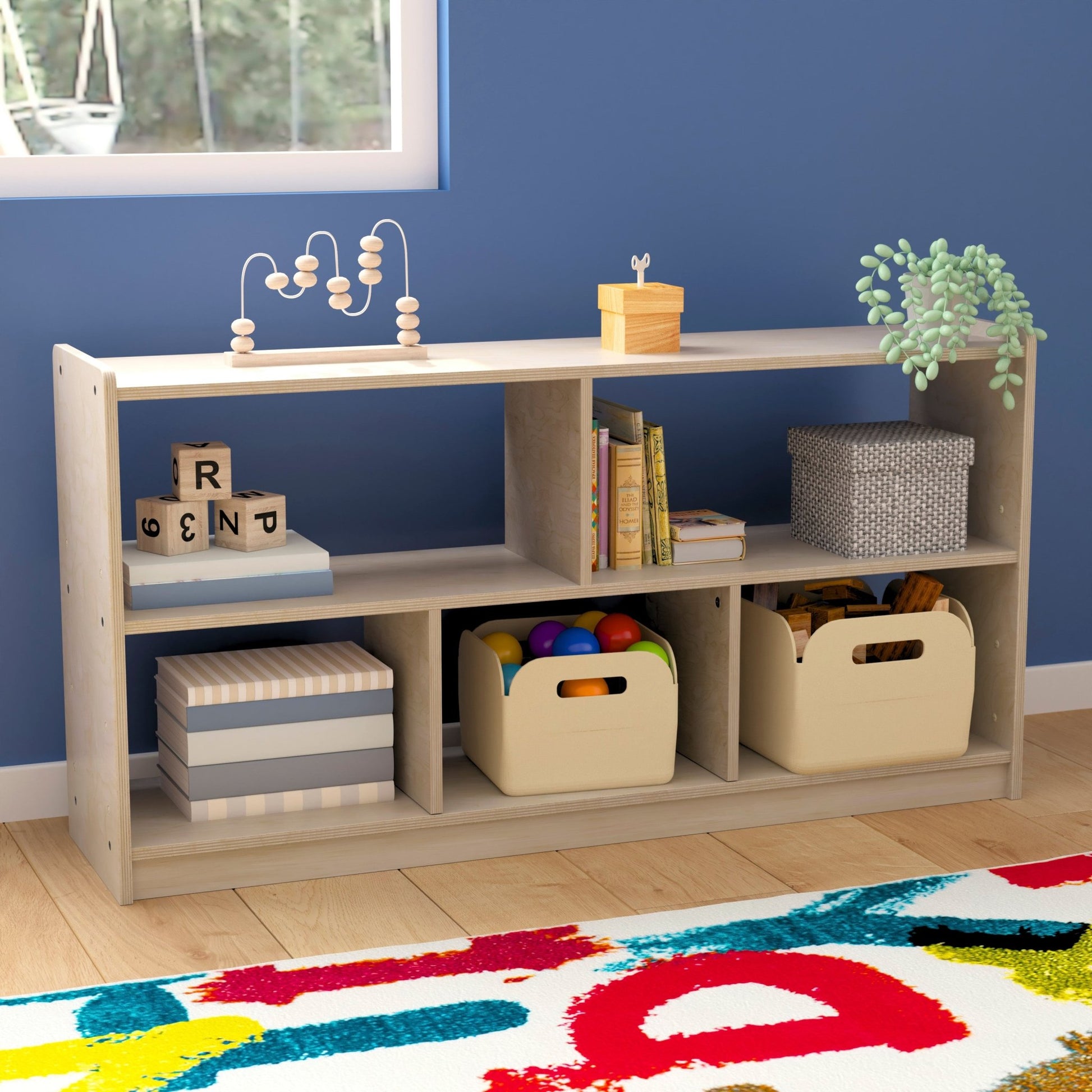 Bright Beginnings Commercial Grade Extra Wide 5 Section Modular Wooden Classroom Open Storage Unit, Safe, Kid Friendly Design, Natural - SchoolOutlet