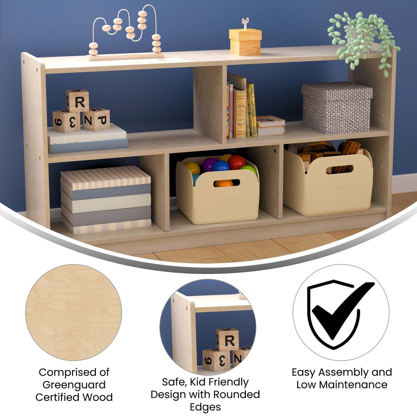 Bright Beginnings Commercial Grade Extra Wide 5 Section Modular Wooden Classroom Open Storage Unit, Safe, Kid Friendly Design, Natural - SchoolOutlet