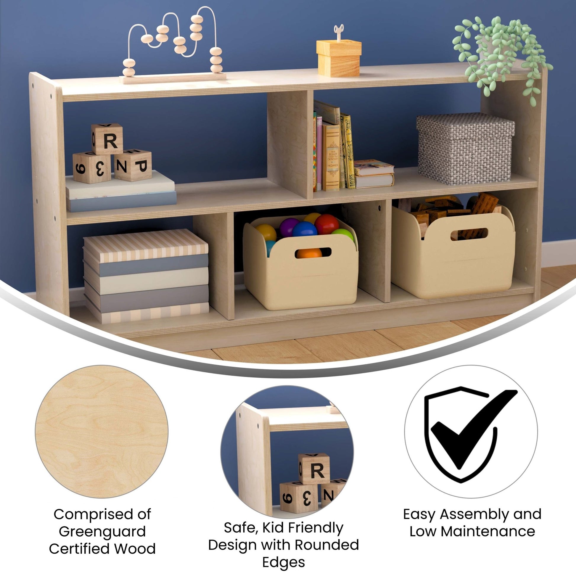 Bright Beginnings Commercial Grade Extra Wide 5 Section Modular Wooden Classroom Open Storage Unit, Safe, Kid Friendly Design, Natural - SchoolOutlet