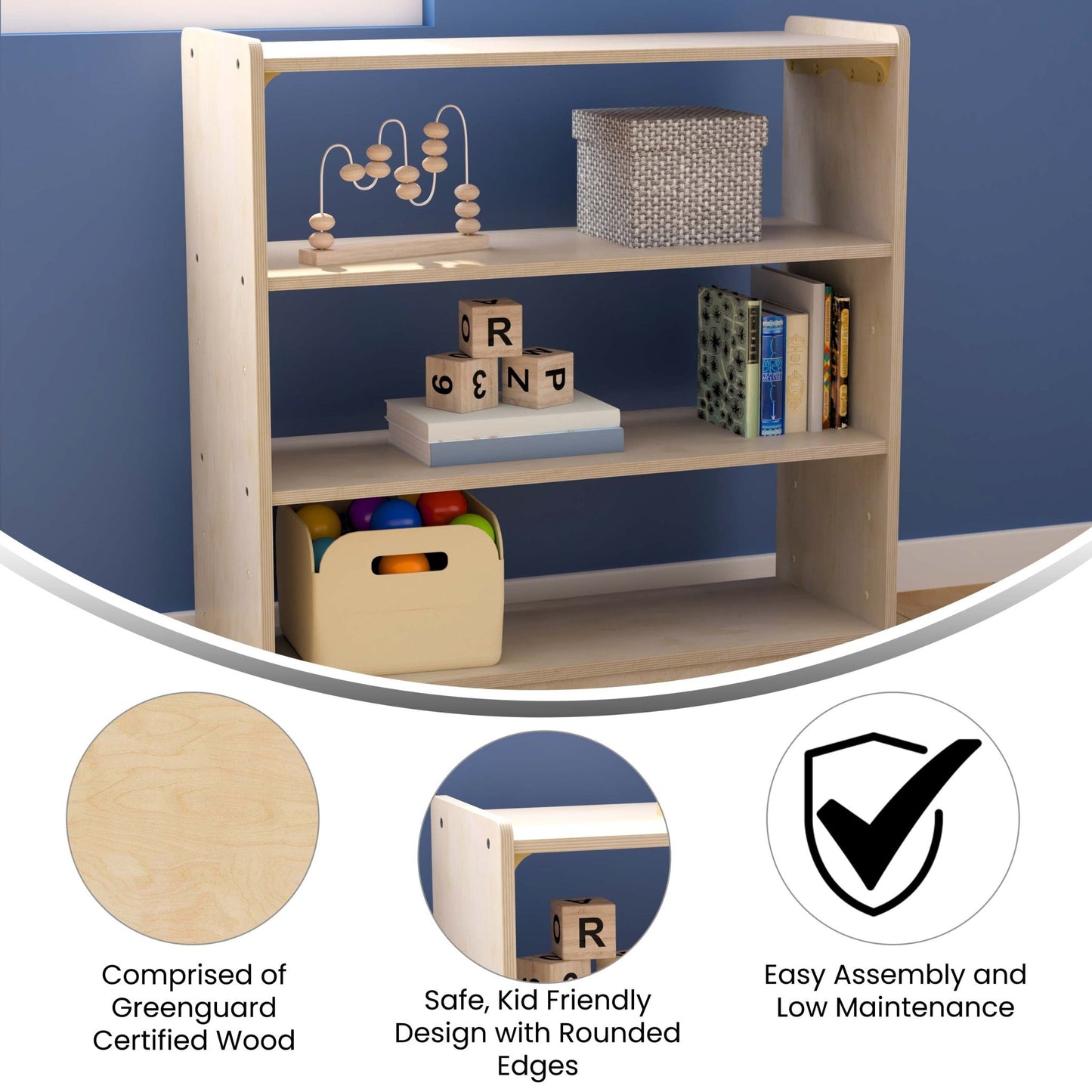 Bright Beginnings Commercial Grade 3 Shelf Wooden Classroom Open Storage Unit, Safe, Kid Friendly Design, Natural - SchoolOutlet