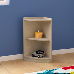 Bright Beginnings Commercial Grade 2 Tier Wooden Classroom Corner Storage Unit with Rounded Front Edges, Safe, Kid Friendly Design, Natural
