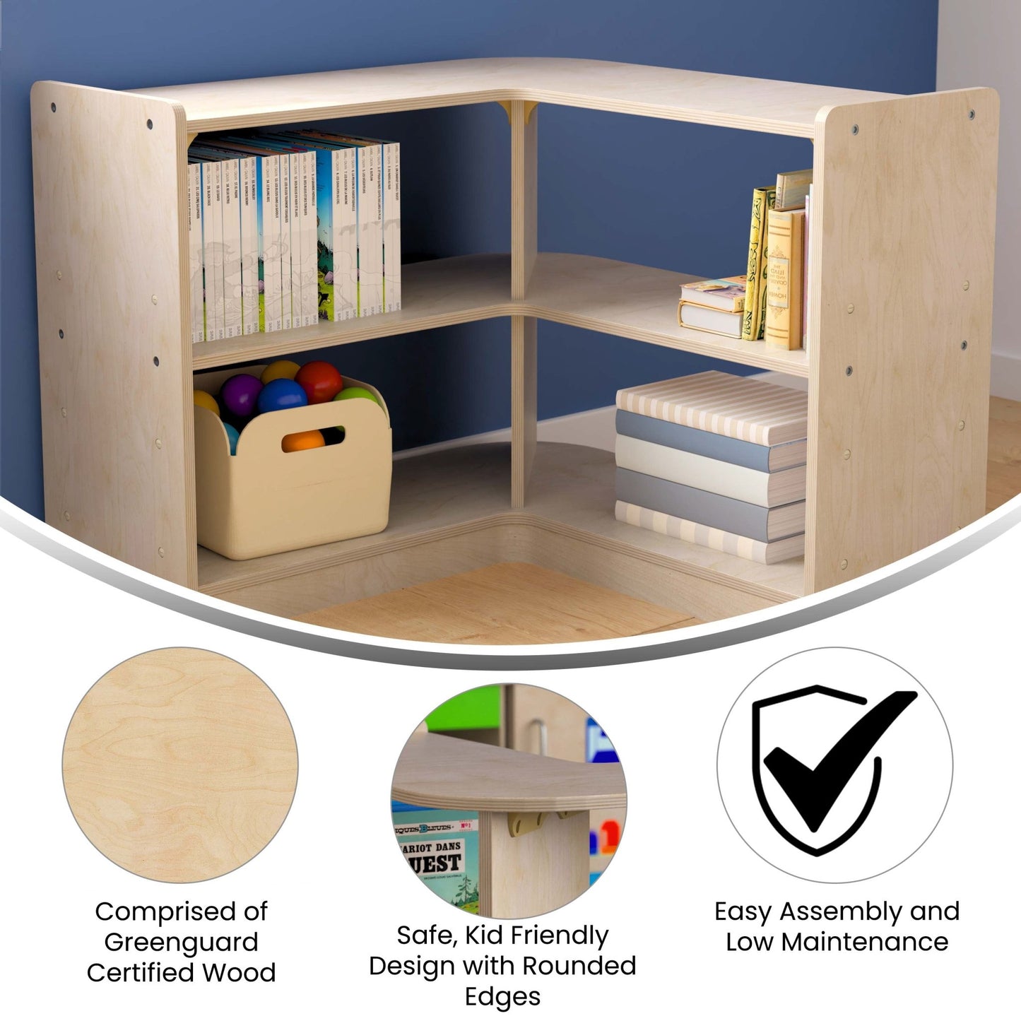 Bright Beginnings Commercial Grade 2 Tier Wooden Classroom Open Corner Storage Unit, Safe, Kid Friendly Design, Natural - SchoolOutlet