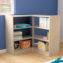 Bright Beginnings Commercial Grade 3 Tier Wooden Classroom Open Corner Storage Unit, Safe, Kid Friendly Design, Natural