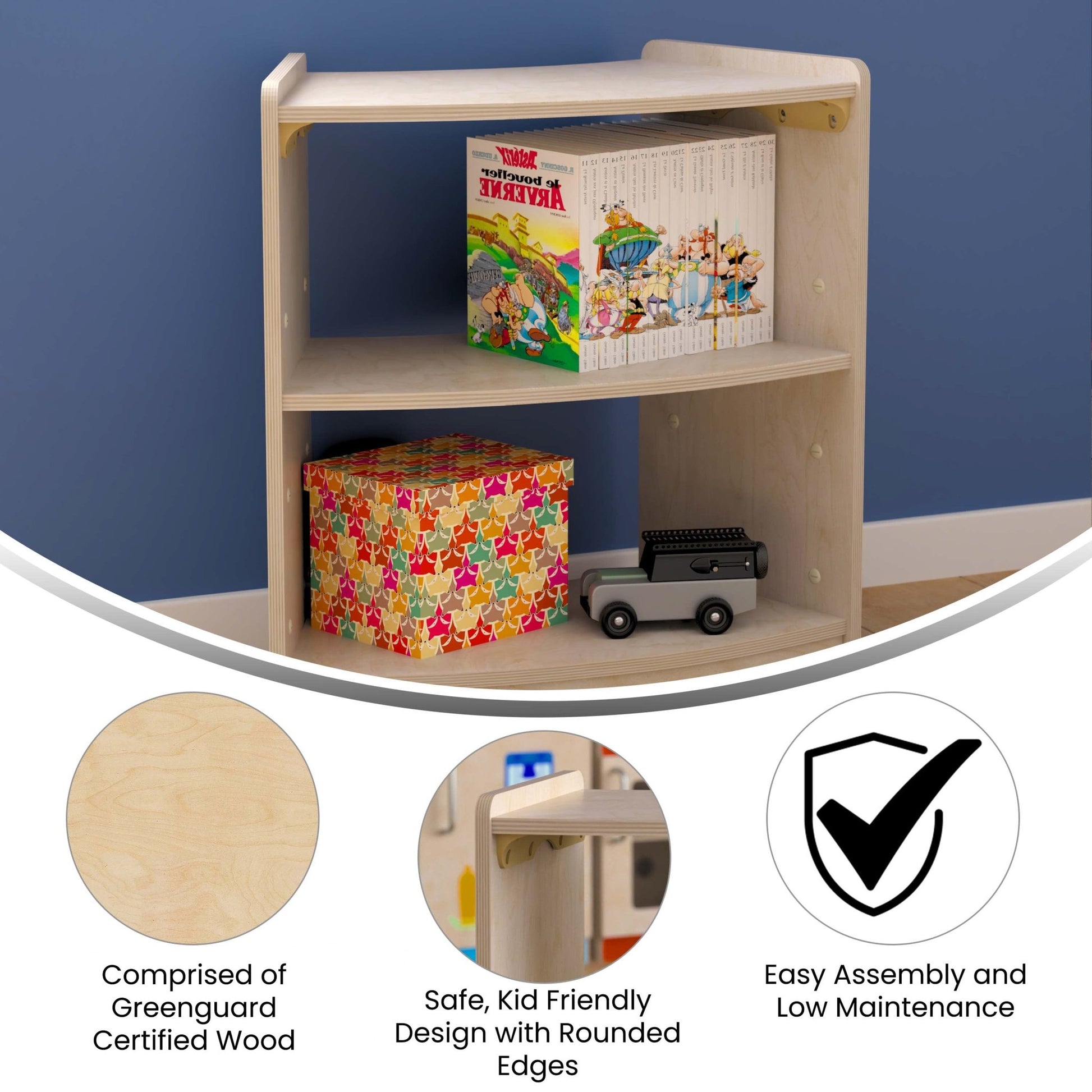 Bright Beginnings Commercial Grade Bow Front 2 Tier Wooden Classroom Open Corner Storage Unit, Safe, Kid Friendly Design, Natural - SchoolOutlet
