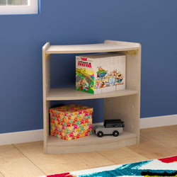 Bright Beginnings Commercial Grade Bow Front 2 Tier Wooden Classroom Open Corner Storage Unit, Safe, Kid Friendly Design, Natural