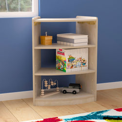 Bright Beginnings Commercial Grade Bow Front 3 Tier Wooden Classroom Open Corner Storage Unit, Safe, Kid Friendly Design, Natural