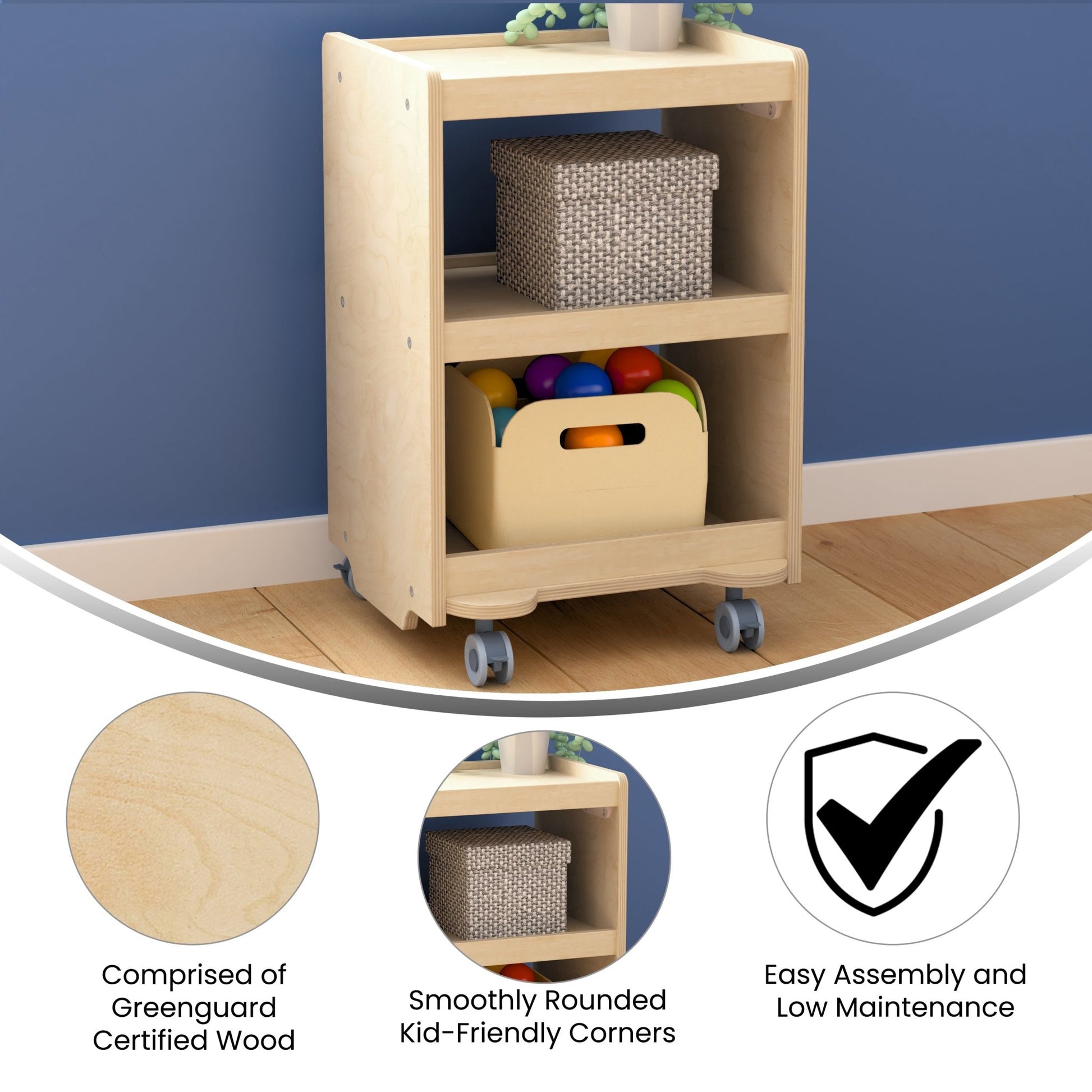 Bright Beginnings Commercial Wooden Mobile Storage Cart with 3 Storage Tiers and Locking Caster Wheels, Natural - SchoolOutlet