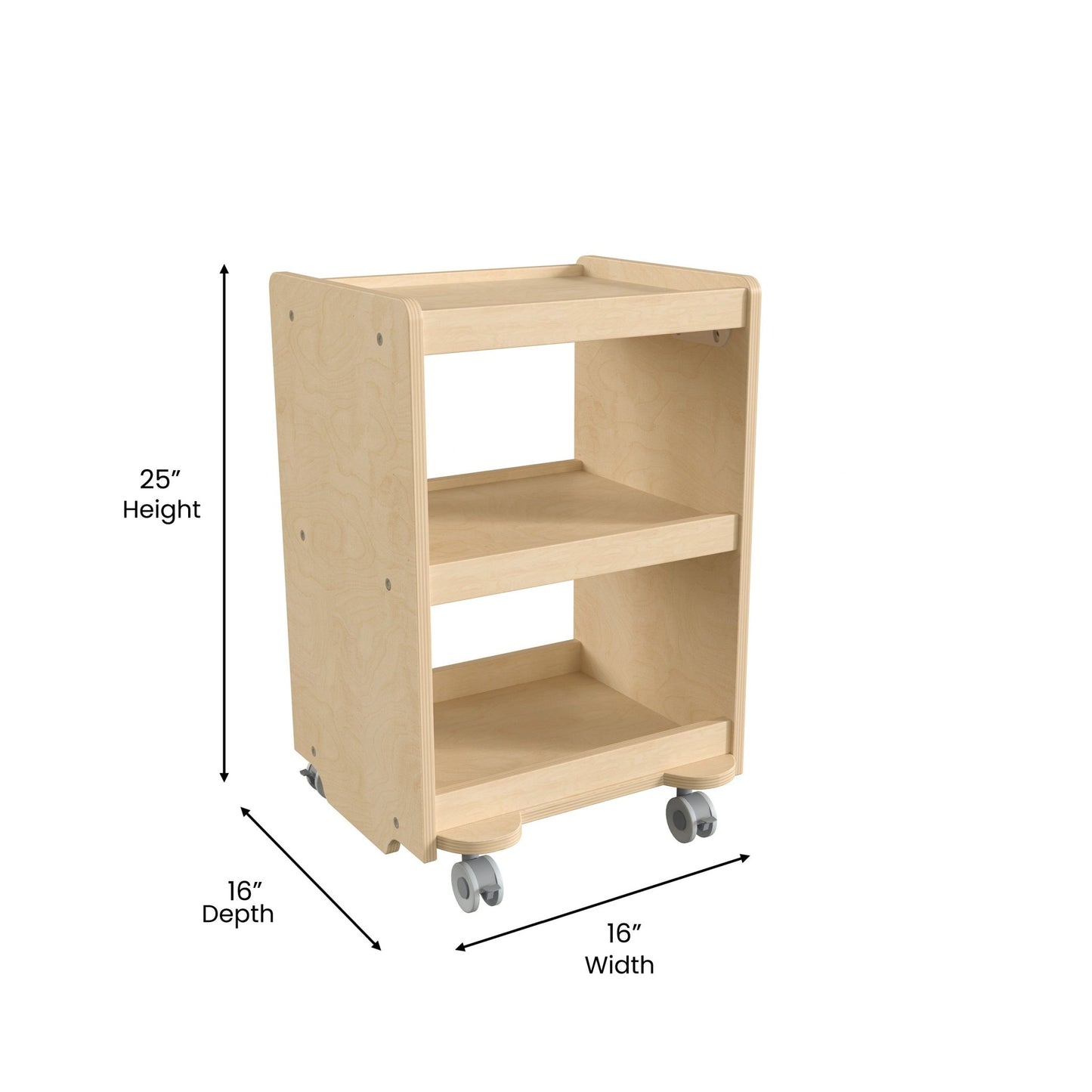 Bright Beginnings Commercial Wooden Mobile Storage Cart with 3 Storage Tiers and Locking Caster Wheels, Natural - SchoolOutlet