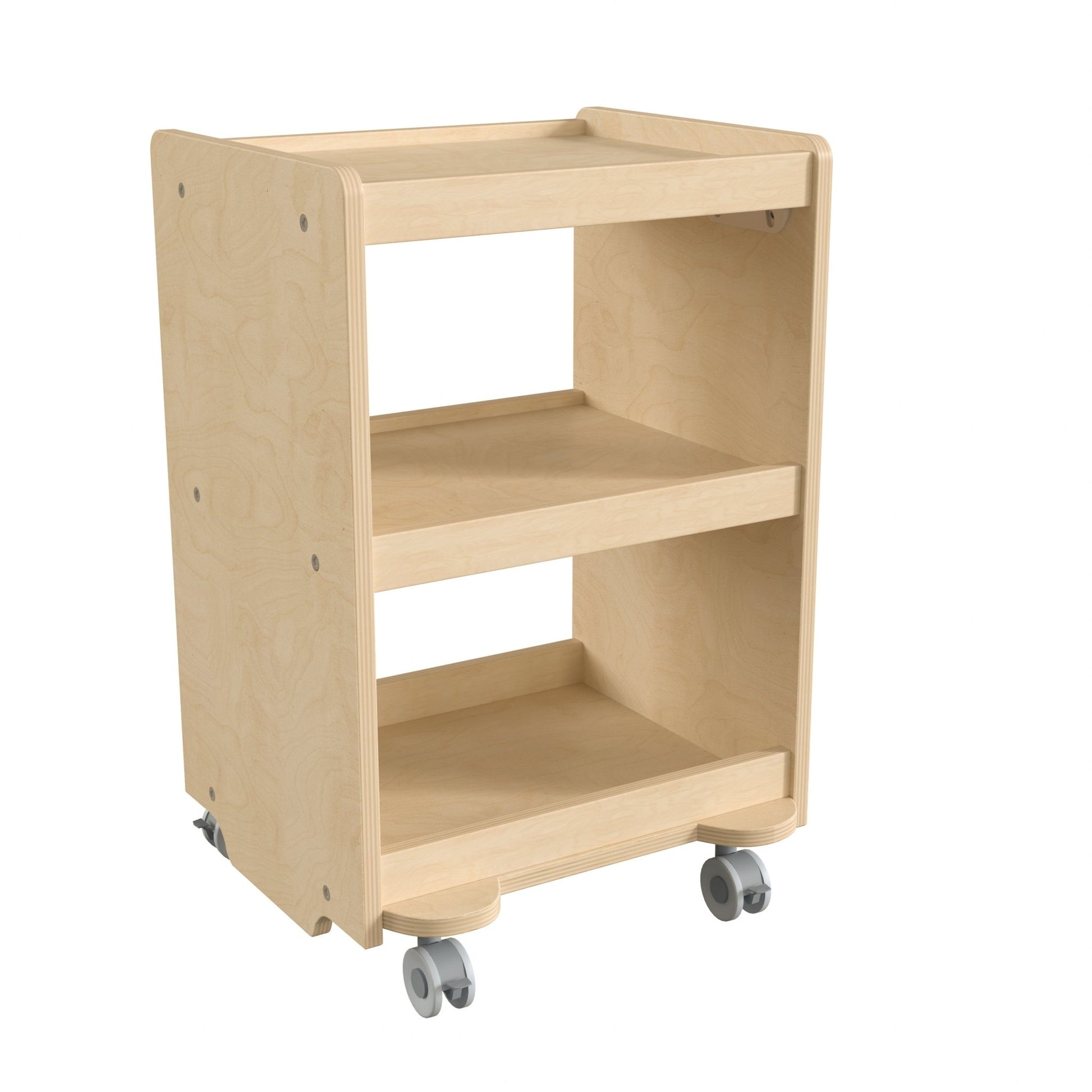 Bright Beginnings Commercial Wooden Mobile Storage Cart with 3 Storage Tiers and Locking Caster Wheels, Natural - SchoolOutlet