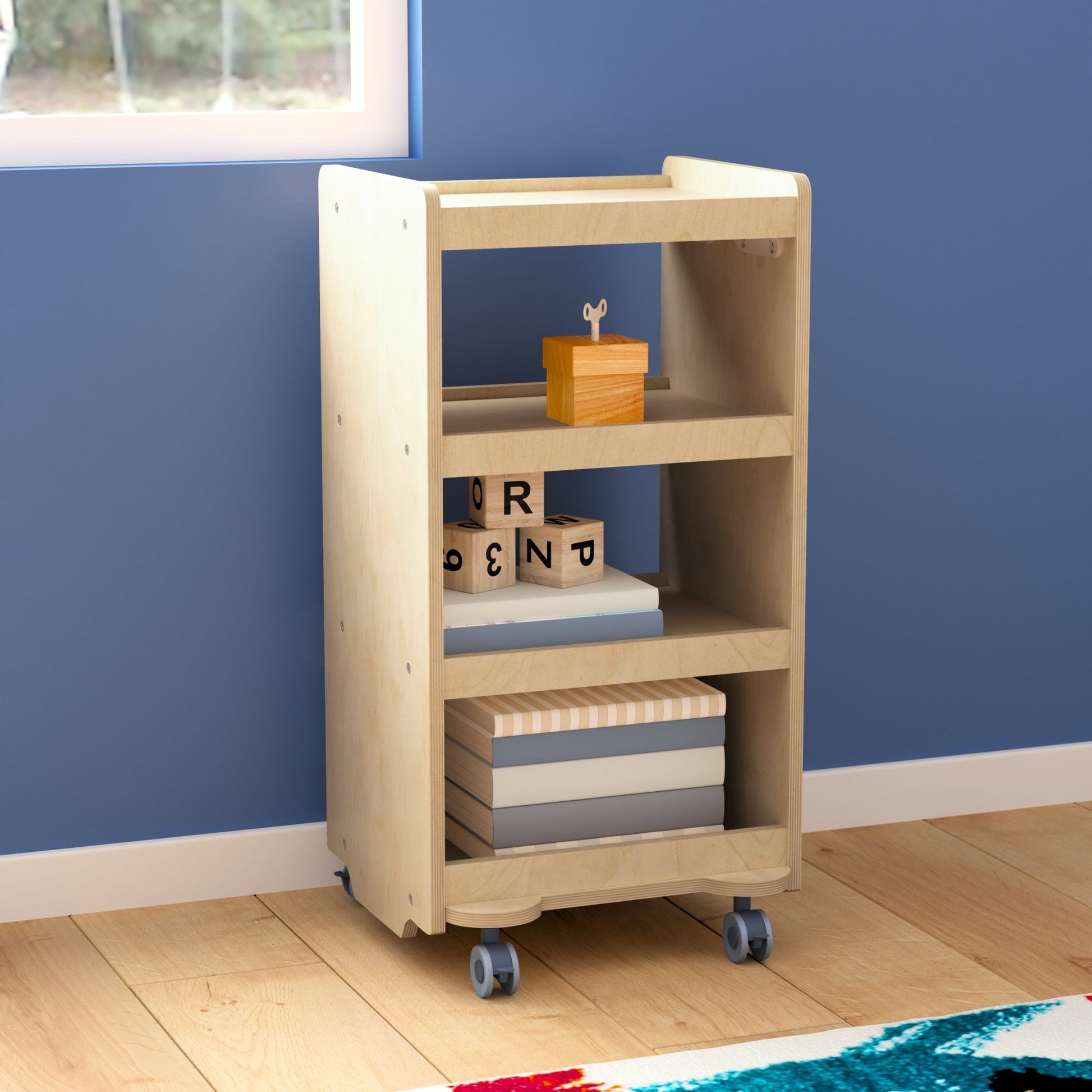 Bright Beginnings Commercial Wooden Mobile Storage Cart with 4 Storage Tiers and Locking Caster Wheels, Natural - SchoolOutlet