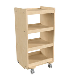 Bright Beginnings Commercial Wooden Mobile Storage Cart with 4 Storage Tiers and Locking Caster Wheels, Natural