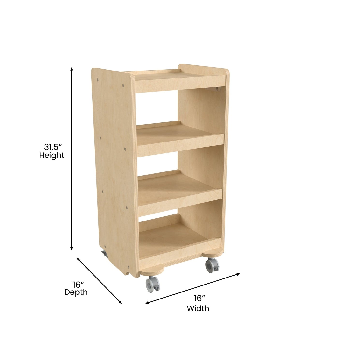 Bright Beginnings Commercial Wooden Mobile Storage Cart with 4 Storage Tiers and Locking Caster Wheels, Natural - SchoolOutlet