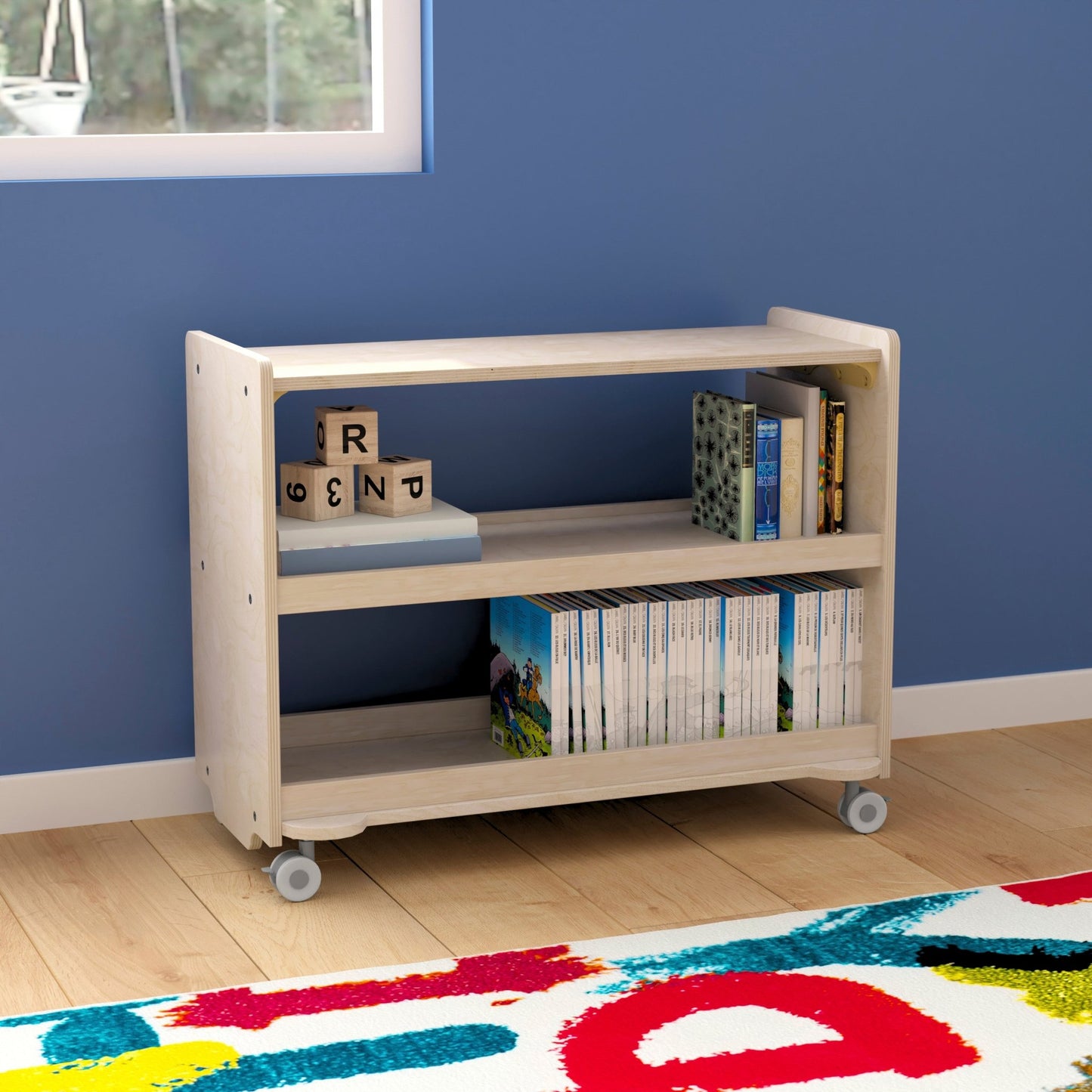 Bright Beginnings Commercial Grade Space Saving 3 Shelf Wooden Mobile Classroom Storage Cart with Locking Caster Wheels, Kid Friendly Design, Natural - SchoolOutlet