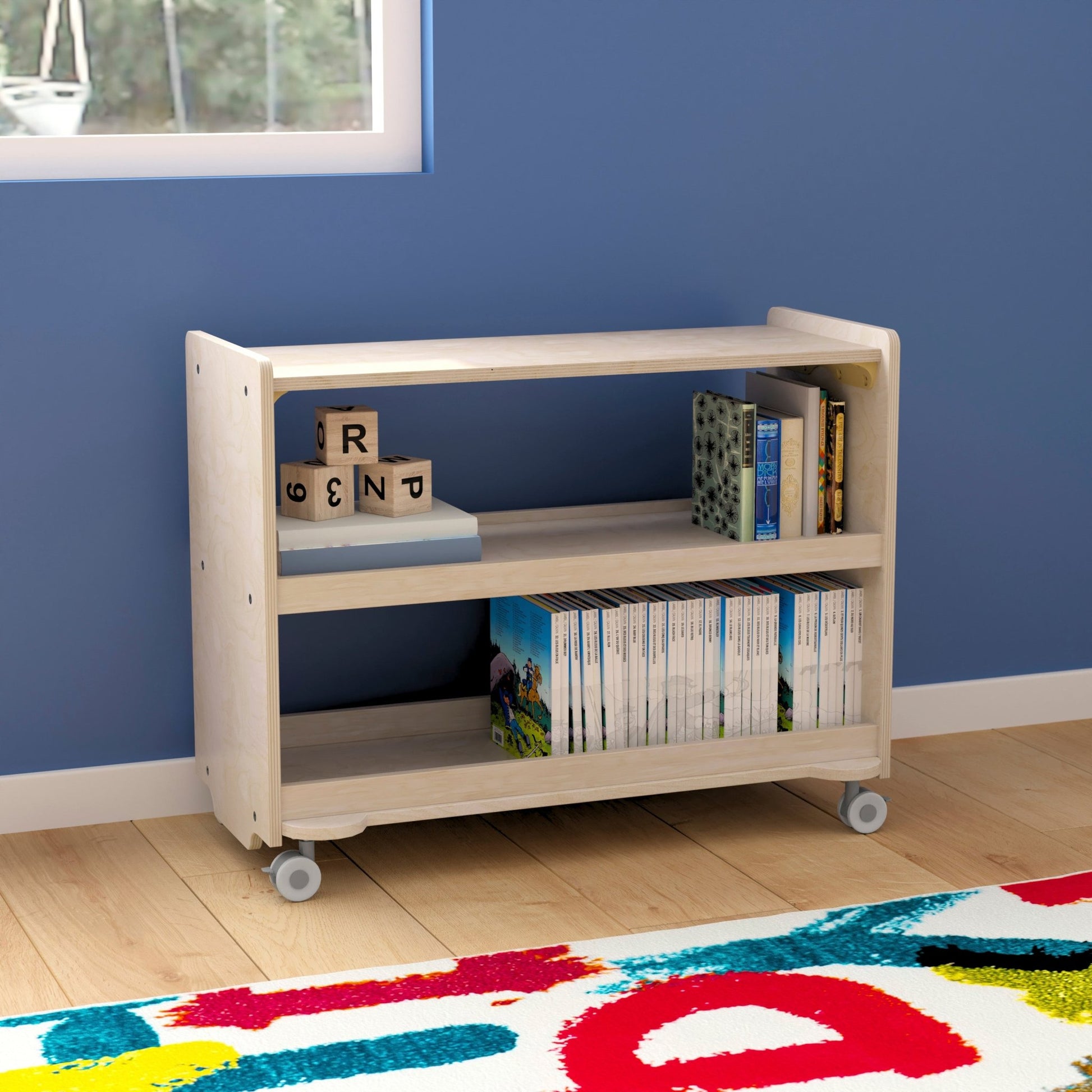 Bright Beginnings Commercial Grade Space Saving 3 Shelf Wooden Mobile Classroom Storage Cart with Locking Caster Wheels, Kid Friendly Design, Natural - SchoolOutlet