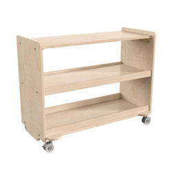 Bright Beginnings Commercial Grade Space Saving 3 Shelf Wooden Mobile Classroom Storage Cart with Locking Caster Wheels, Kid Friendly Design, Natural