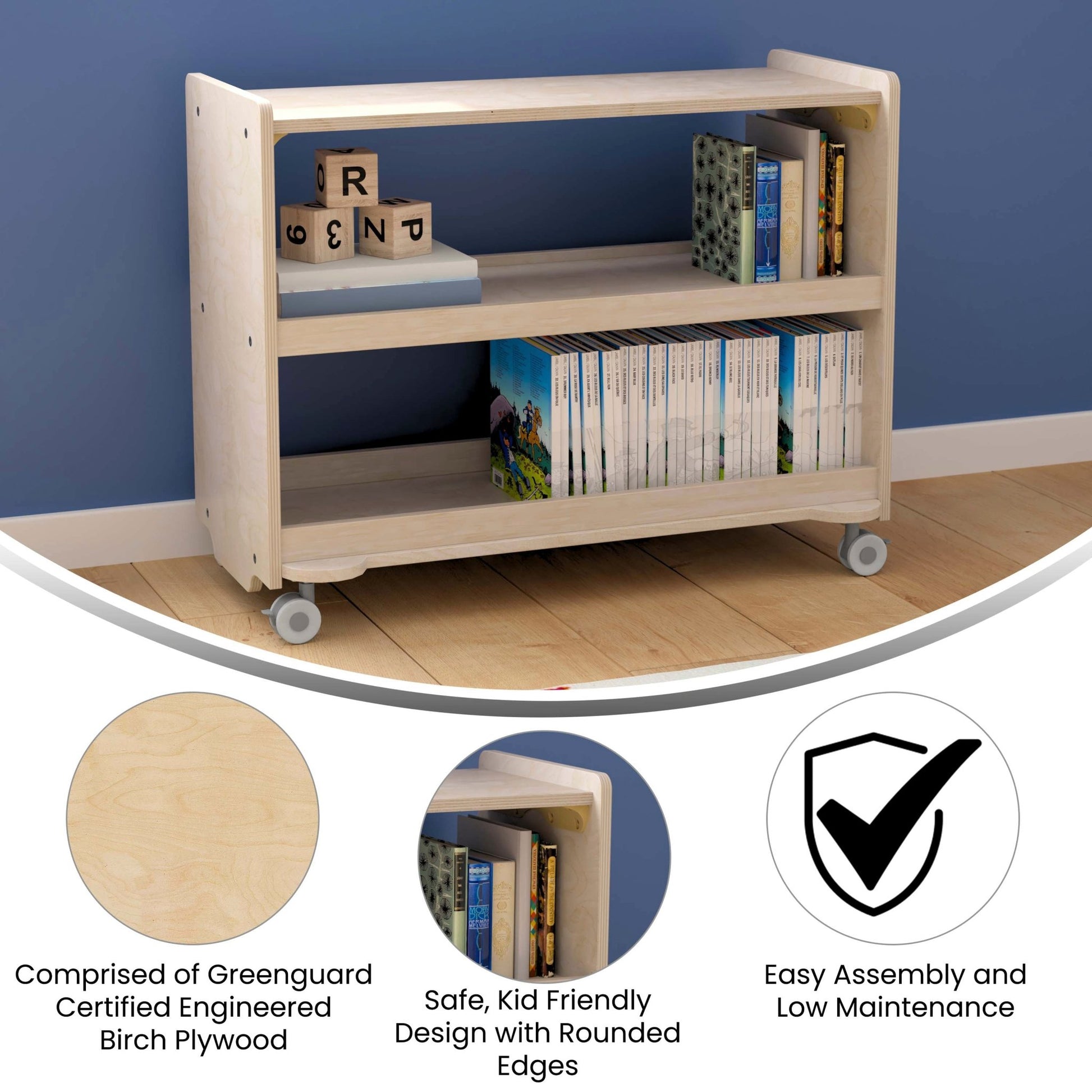 Bright Beginnings Commercial Grade Space Saving 3 Shelf Wooden Mobile Classroom Storage Cart with Locking Caster Wheels, Kid Friendly Design, Natural - SchoolOutlet