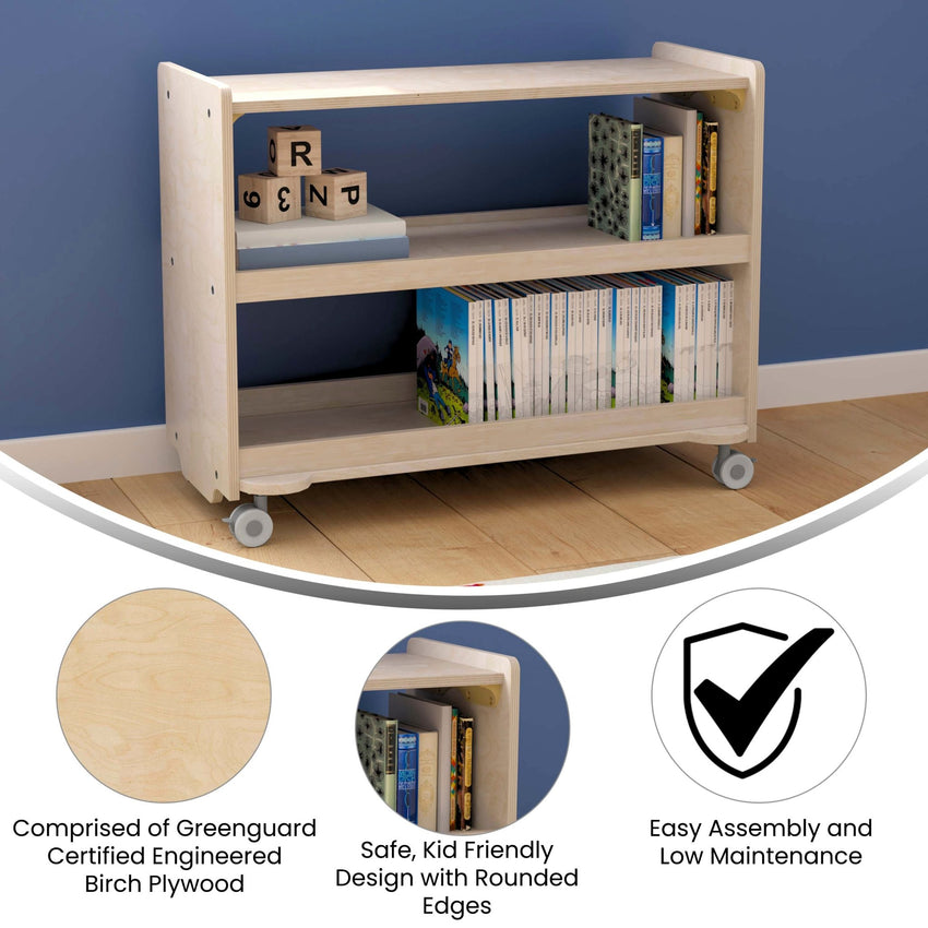 Bright Beginnings Commercial Grade Space Saving 3 Shelf Wooden Mobile Classroom Storage Cart with Locking Caster Wheels, Kid Friendly Design, Natural - SchoolOutlet