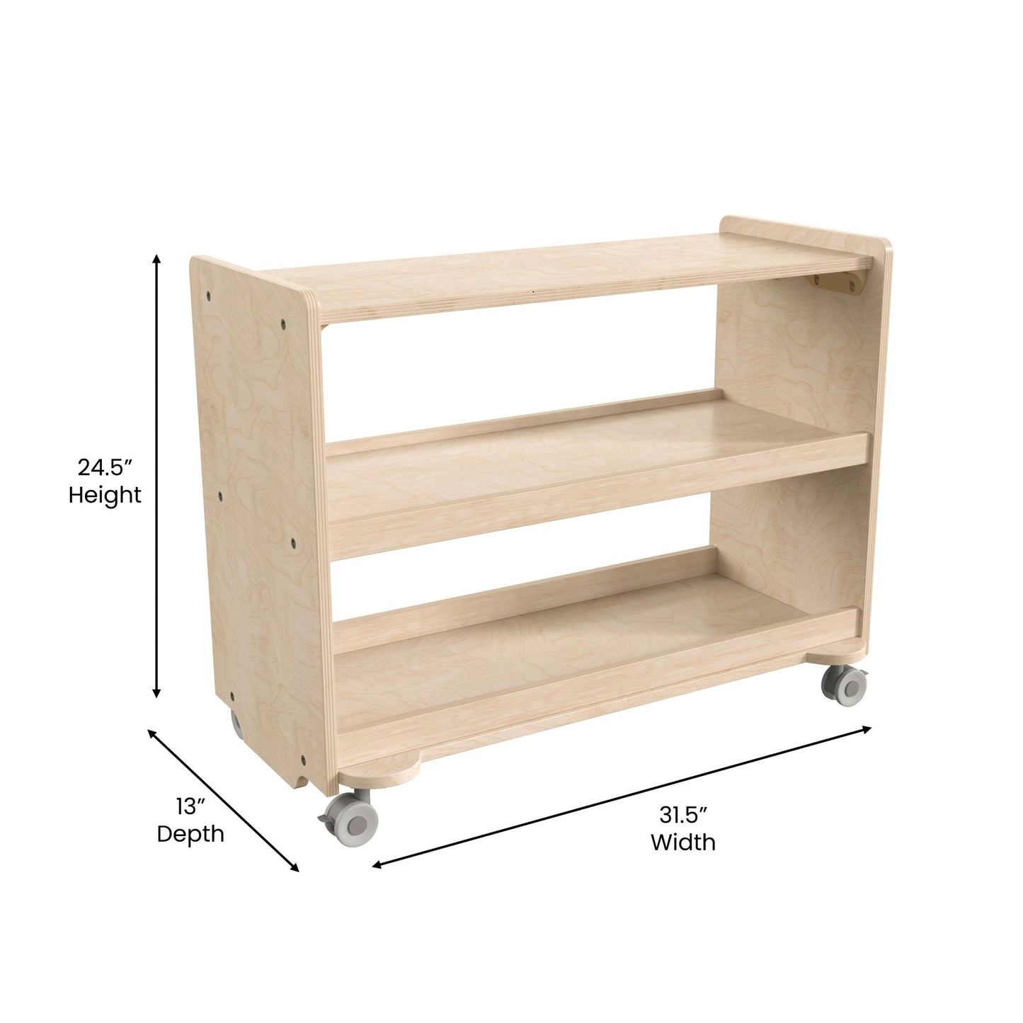 Bright Beginnings Commercial Grade Space Saving 3 Shelf Wooden Mobile Classroom Storage Cart with Locking Caster Wheels, Kid Friendly Design, Natural - SchoolOutlet