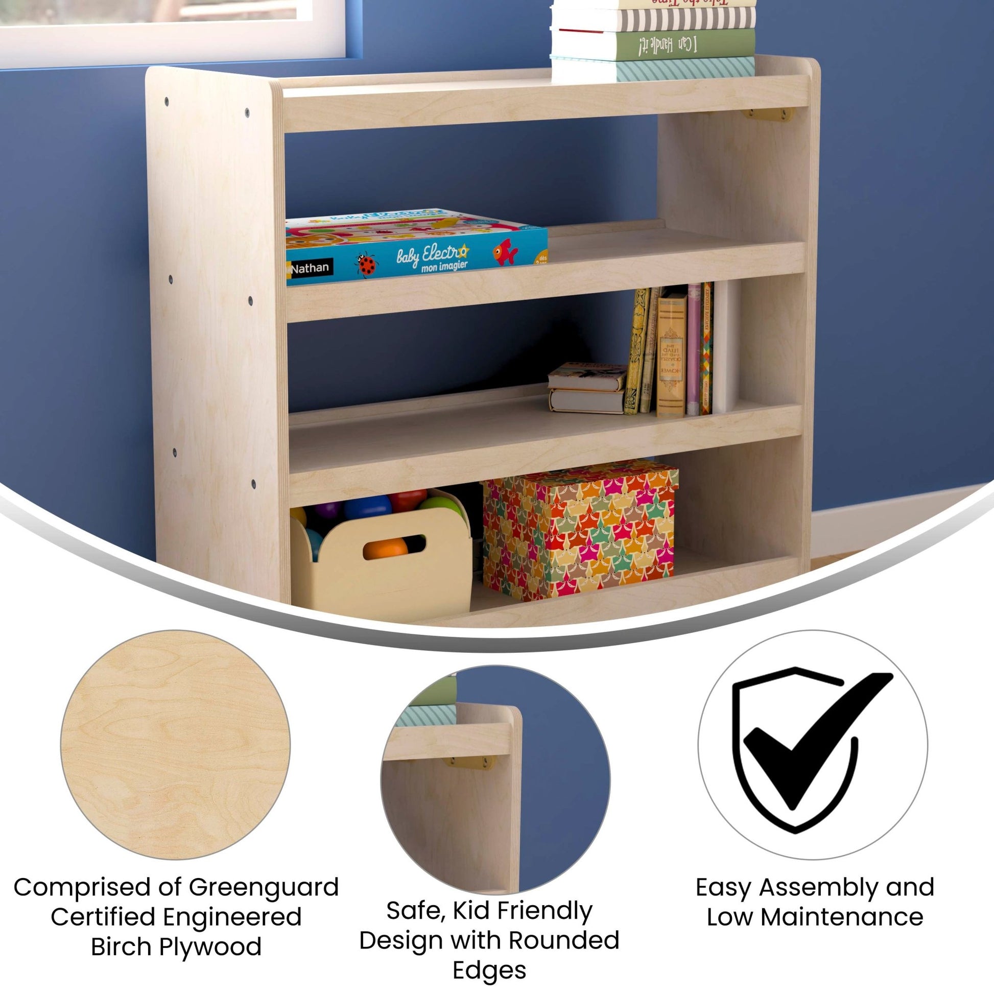 Bright Beginnings Commercial Grade Space Saving 4 Shelf Wooden Mobile Classroom Storage Cart with Locking Caster Wheels, Kid Friendly Design, Natural - SchoolOutlet