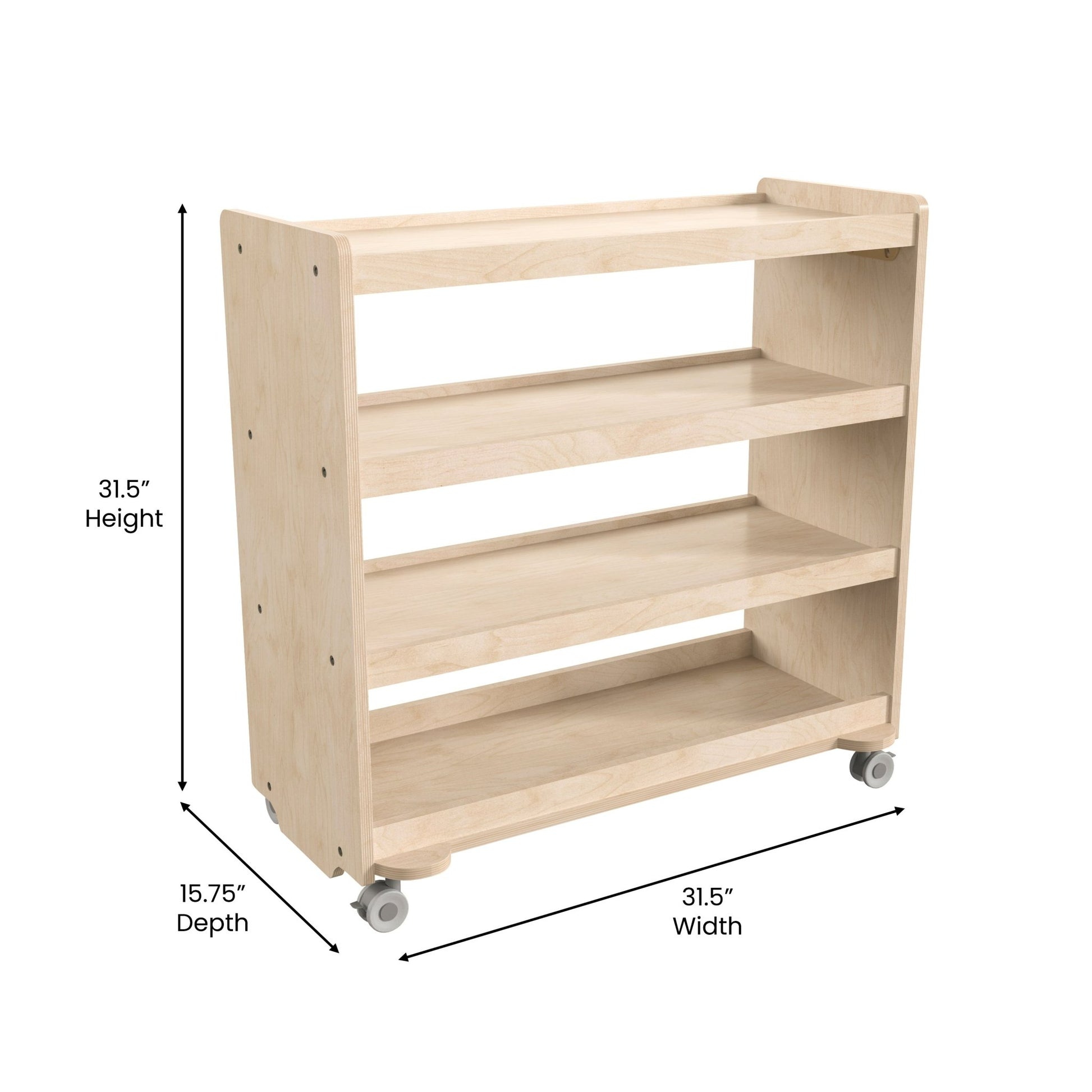 Bright Beginnings Commercial Grade Space Saving 4 Shelf Wooden Mobile Classroom Storage Cart with Locking Caster Wheels, Kid Friendly Design, Natural - SchoolOutlet