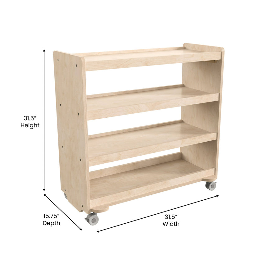 Bright Beginnings Commercial Grade Space Saving 4 Shelf Wooden Mobile Classroom Storage Cart with Locking Caster Wheels, Kid Friendly Design, Natural - SchoolOutlet