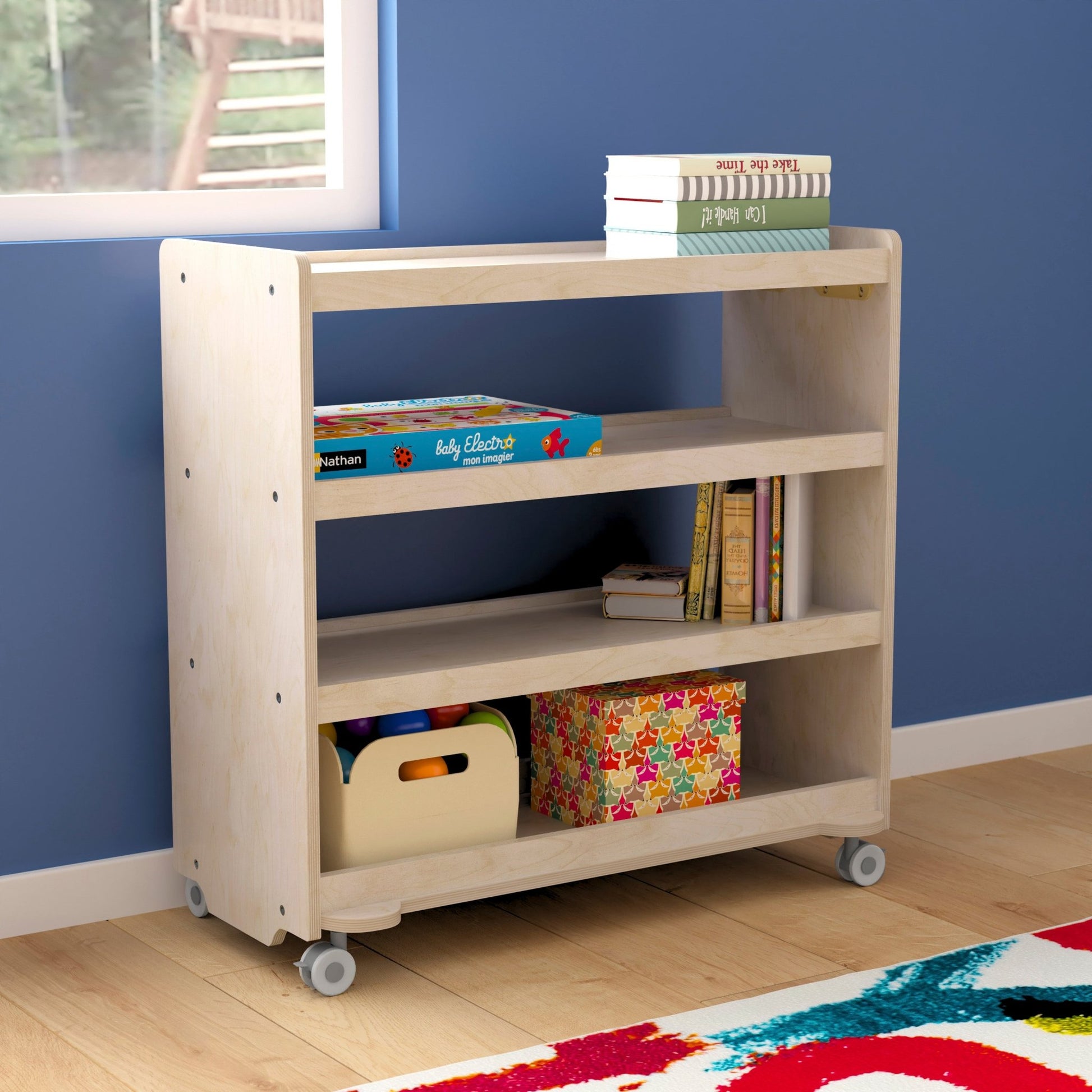 Bright Beginnings Commercial Grade Space Saving 4 Shelf Wooden Mobile Classroom Storage Cart with Locking Caster Wheels, Kid Friendly Design, Natural - SchoolOutlet