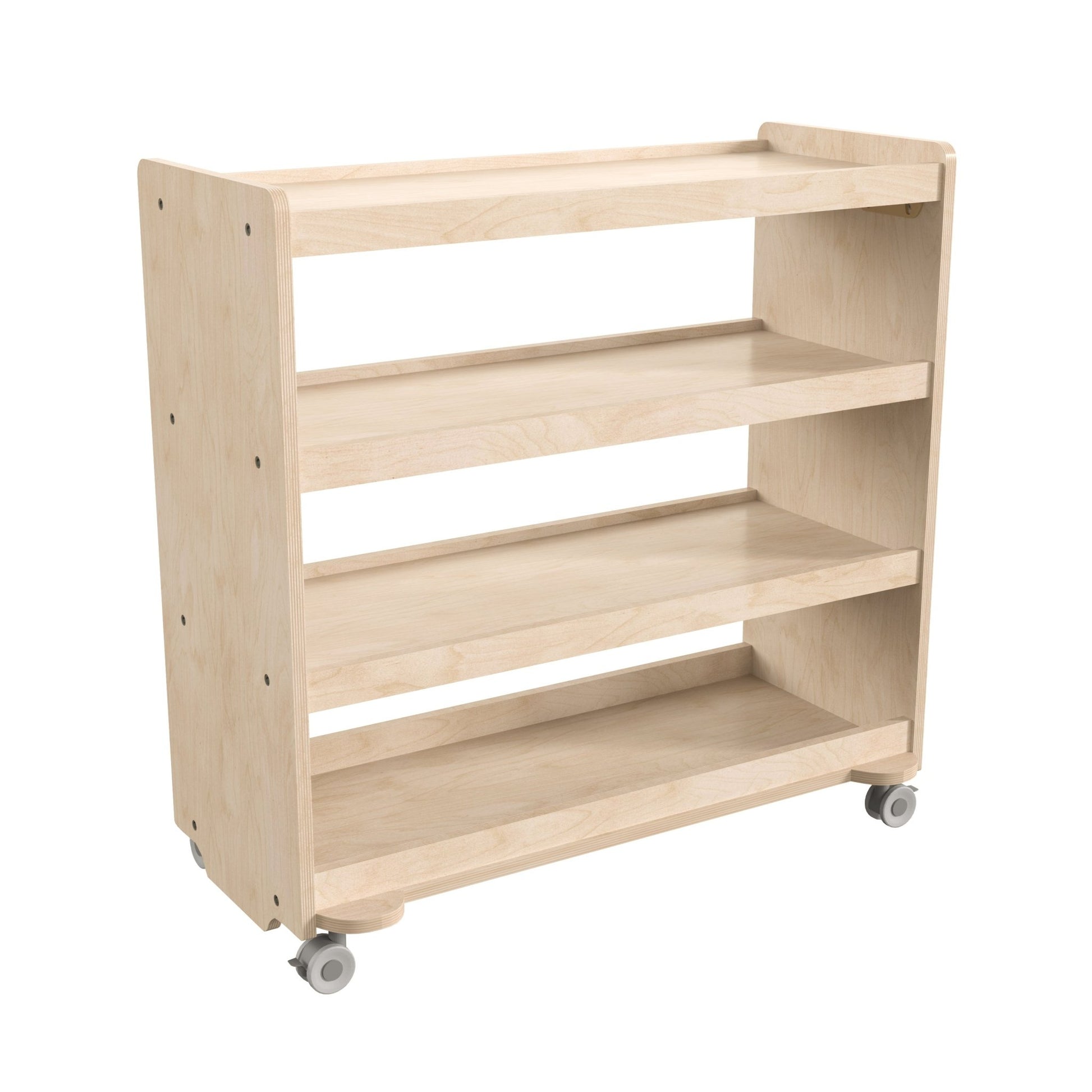 Bright Beginnings Commercial Grade Space Saving 4 Shelf Wooden Mobile Classroom Storage Cart with Locking Caster Wheels, Kid Friendly Design, Natural - SchoolOutlet