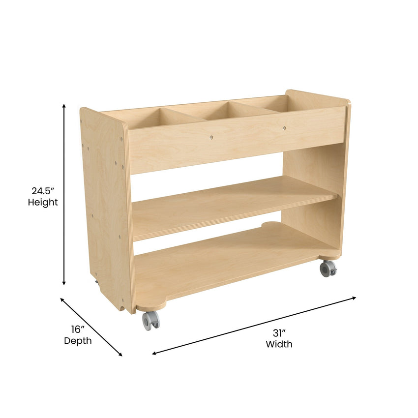 Bright Beginnings Commercial Wooden Mobile Storage Cart with 3 Top Storage Cubbies, 2 Lower Shelves and Locking Caster Wheels, Natural - SchoolOutlet