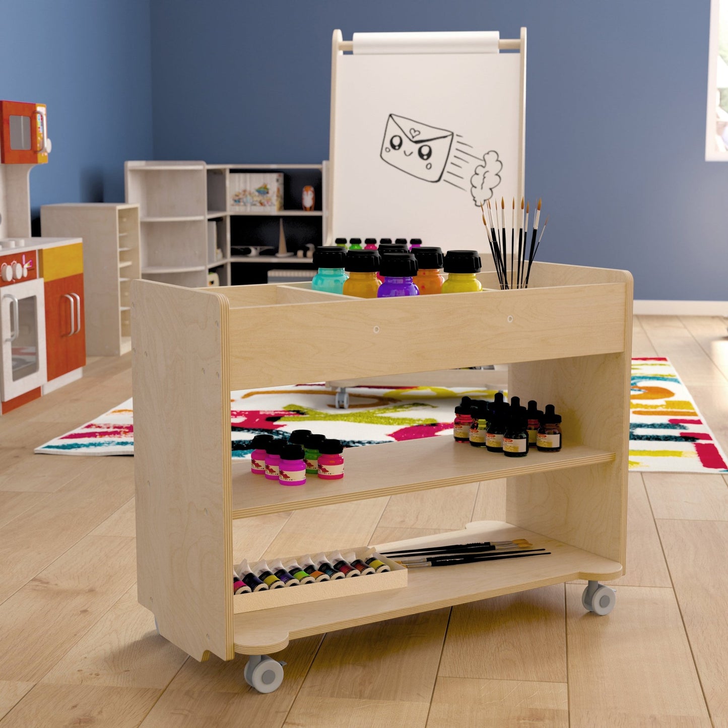 Bright Beginnings Commercial Wooden Mobile Storage Cart with 3 Top Storage Cubbies, 2 Lower Shelves and Locking Caster Wheels, Natural - SchoolOutlet