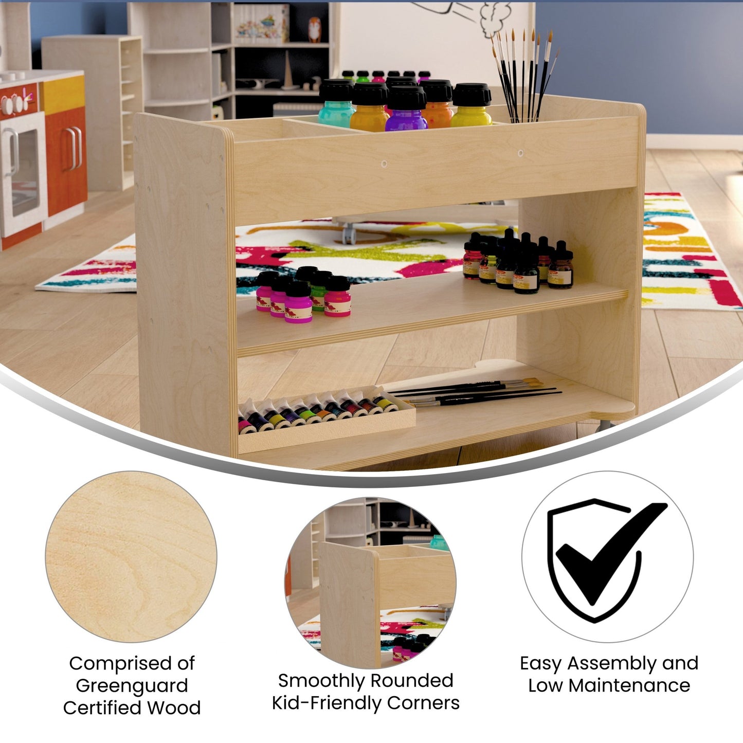 Bright Beginnings Commercial Wooden Mobile Storage Cart with 3 Top Storage Cubbies, 2 Lower Shelves and Locking Caster Wheels, Natural - SchoolOutlet