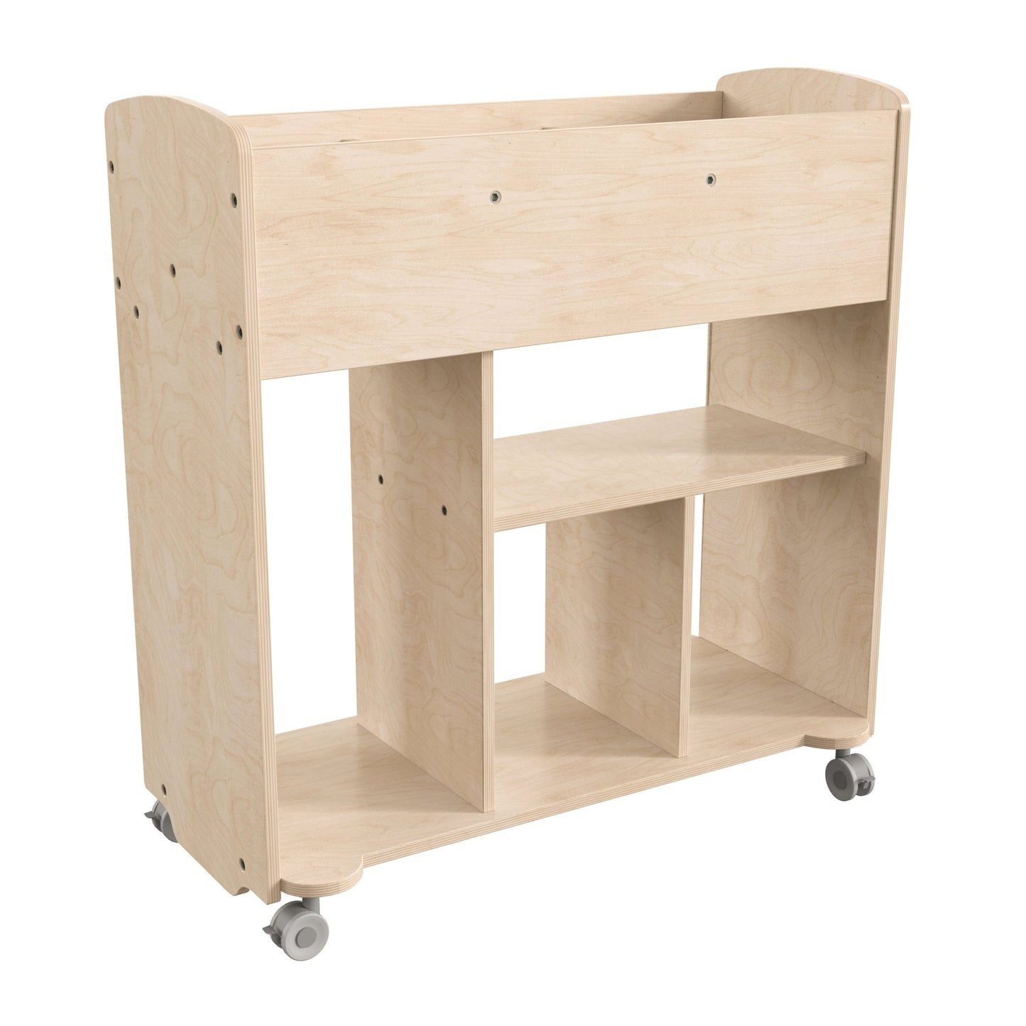 Bright Beginnings Commercial Grade Double Sided Space Saving Wooden Mobile Storage Cart with Locking Caster Wheels & 10 Storage Compartments, Natural - SchoolOutlet