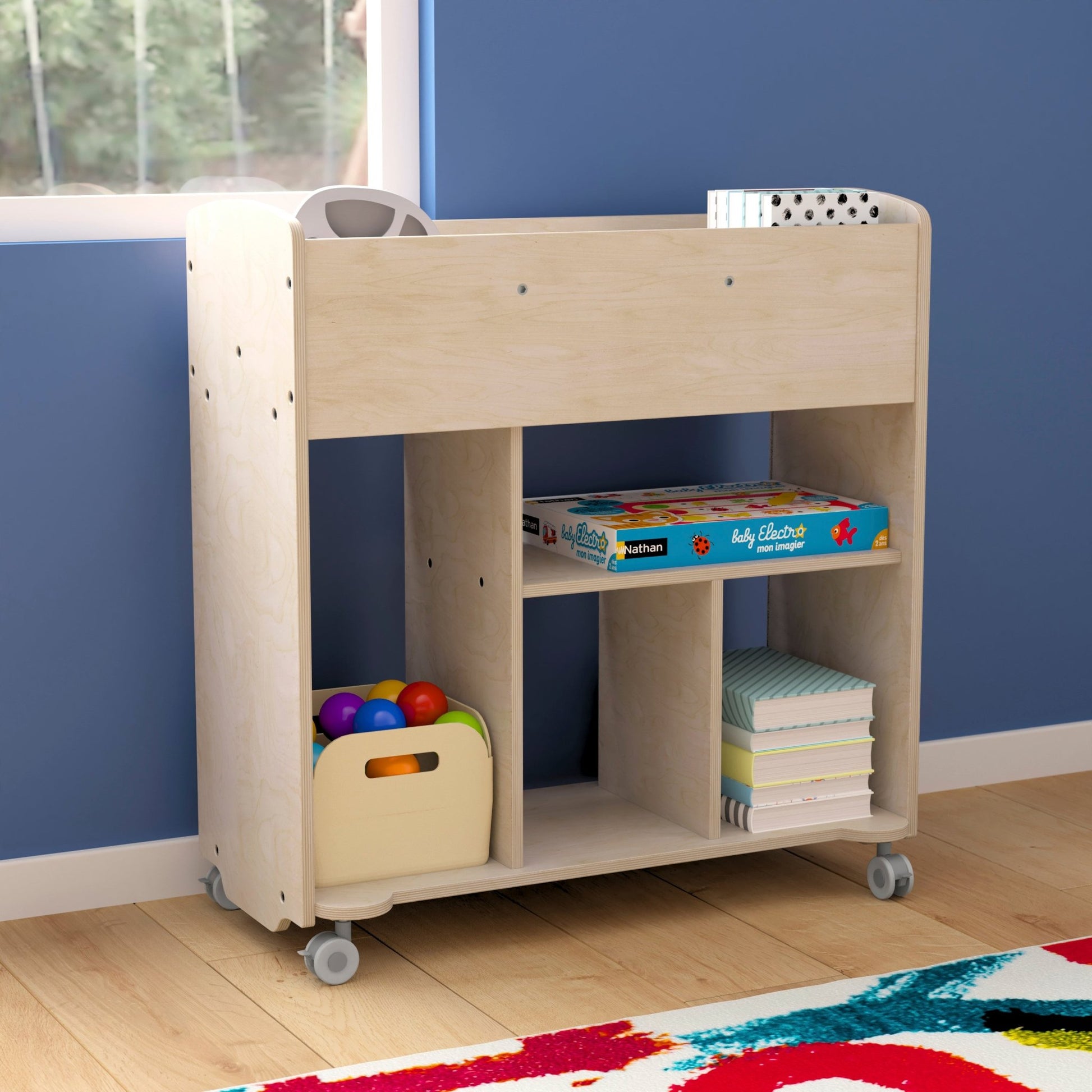 Bright Beginnings Commercial Grade Double Sided Space Saving Wooden Mobile Storage Cart with Locking Caster Wheels & 10 Storage Compartments, Natural - SchoolOutlet