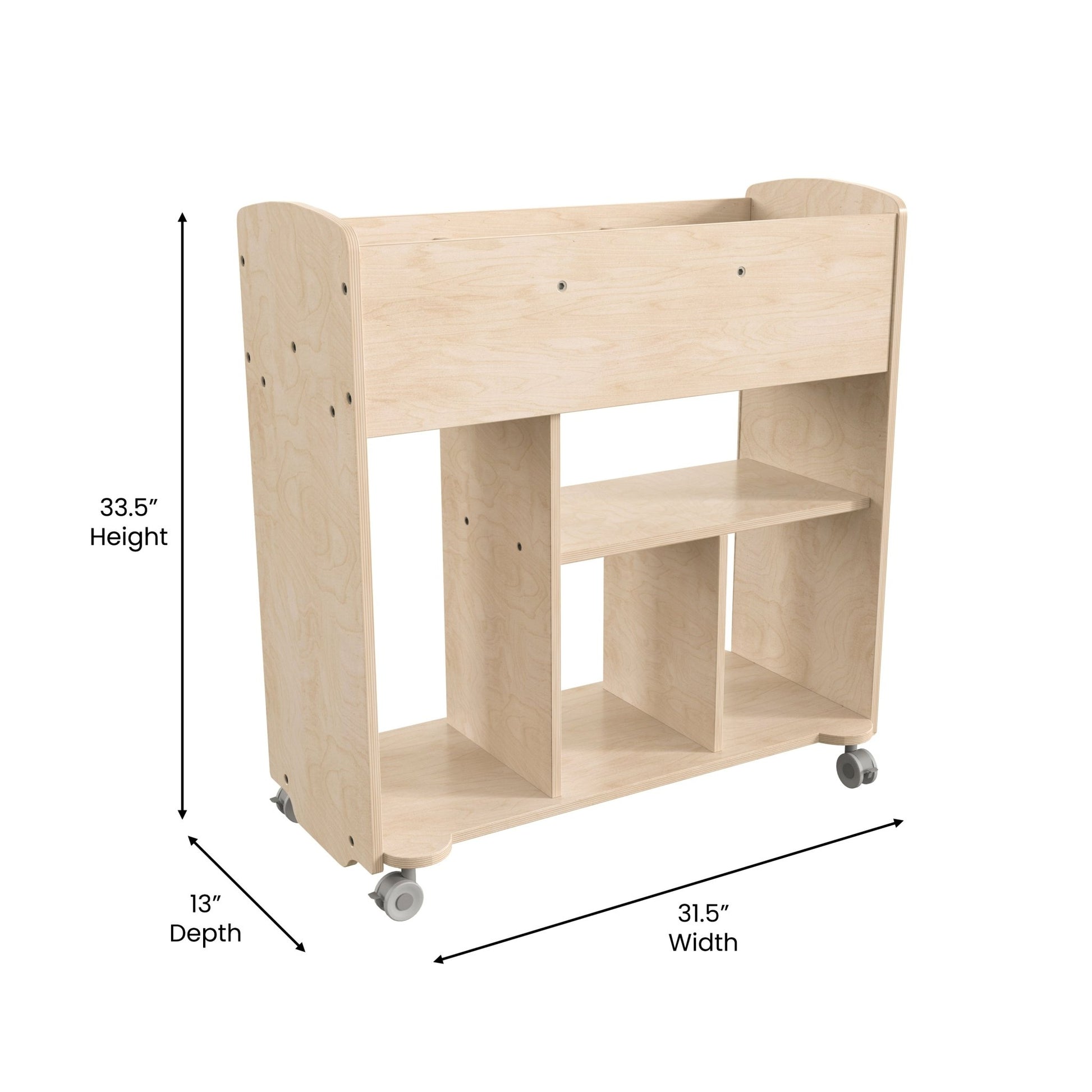 Bright Beginnings Commercial Grade Double Sided Space Saving Wooden Mobile Storage Cart with Locking Caster Wheels & 10 Storage Compartments, Natural - SchoolOutlet