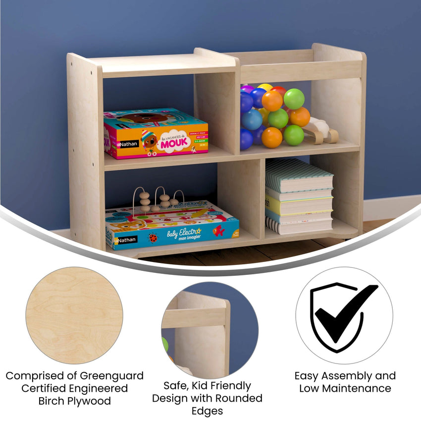 Bright Beginnings Commercial Double Sided Space Saving Wooden Mobile Storage Cart - Locking Casters, 4 Compartments, 1 Clear Bin, Lower Shelf, Natural - SchoolOutlet