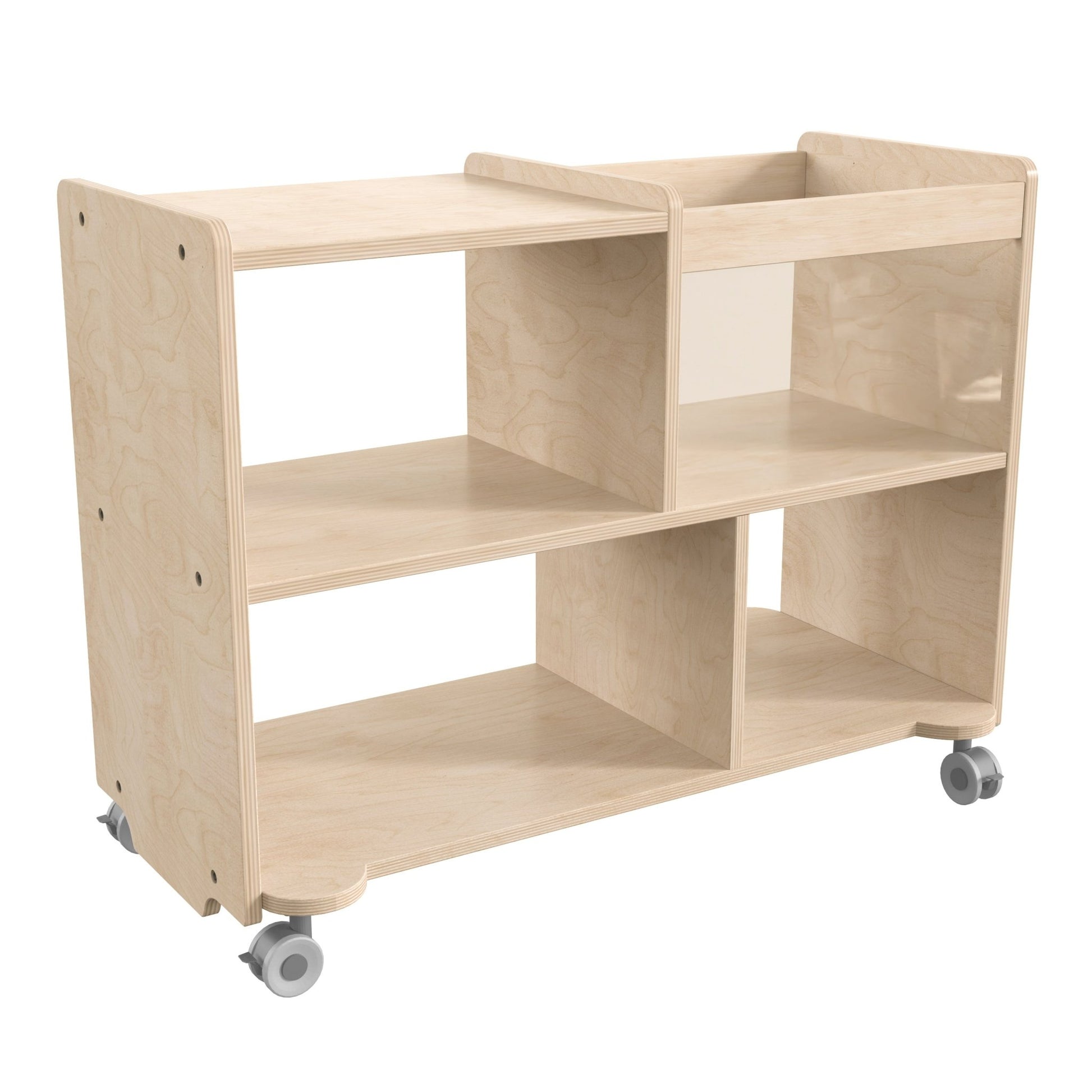Bright Beginnings Commercial Double Sided Space Saving Wooden Mobile Storage Cart - Locking Casters, 4 Compartments, 1 Clear Bin, Lower Shelf, Natural - SchoolOutlet