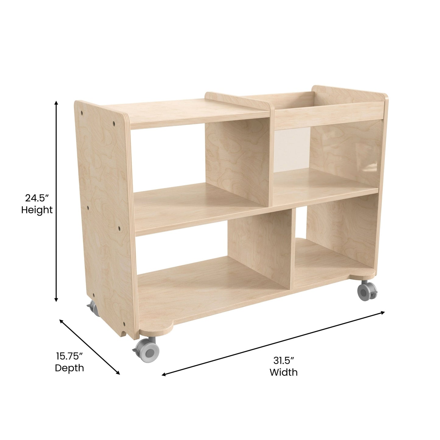 Bright Beginnings Commercial Double Sided Space Saving Wooden Mobile Storage Cart - Locking Casters, 4 Compartments, 1 Clear Bin, Lower Shelf, Natural - SchoolOutlet