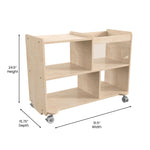 Bright Beginnings Commercial Double Sided Space Saving Wooden Mobile Storage Cart - Locking Casters, 4 Compartments, 1 Clear Bin, Lower Shelf, Natural - SchoolOutlet